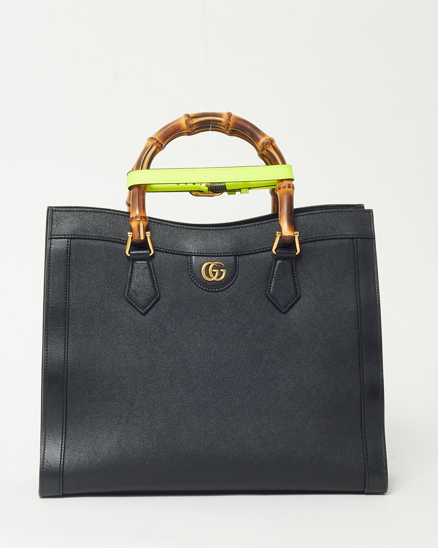 Gucci Black Leather Medium Diana Bamboo Handle Tote Bag with Strap