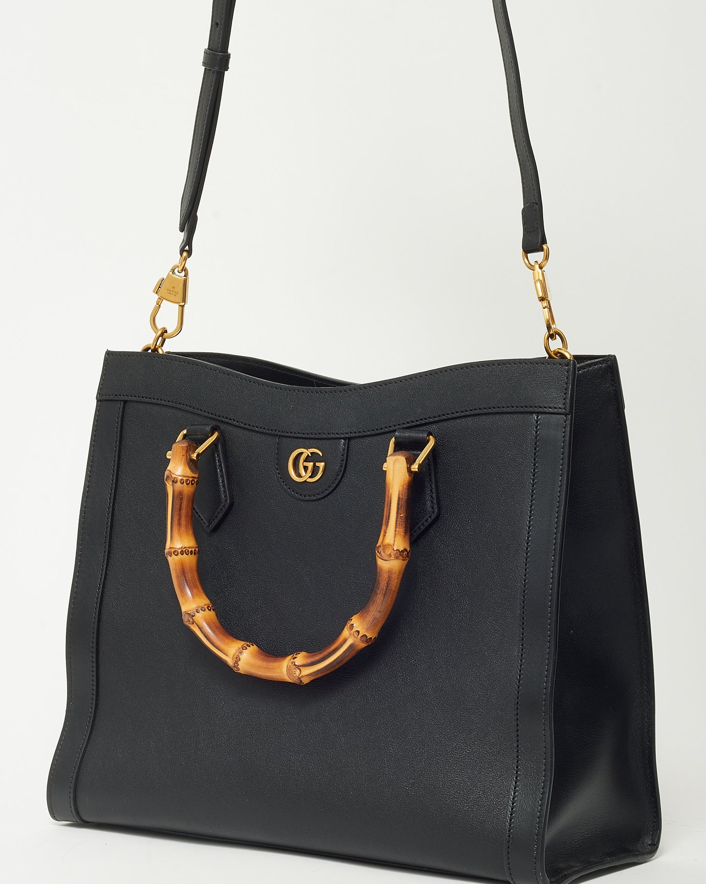 Gucci Black Leather Medium Diana Bamboo Handle Tote Bag with Strap