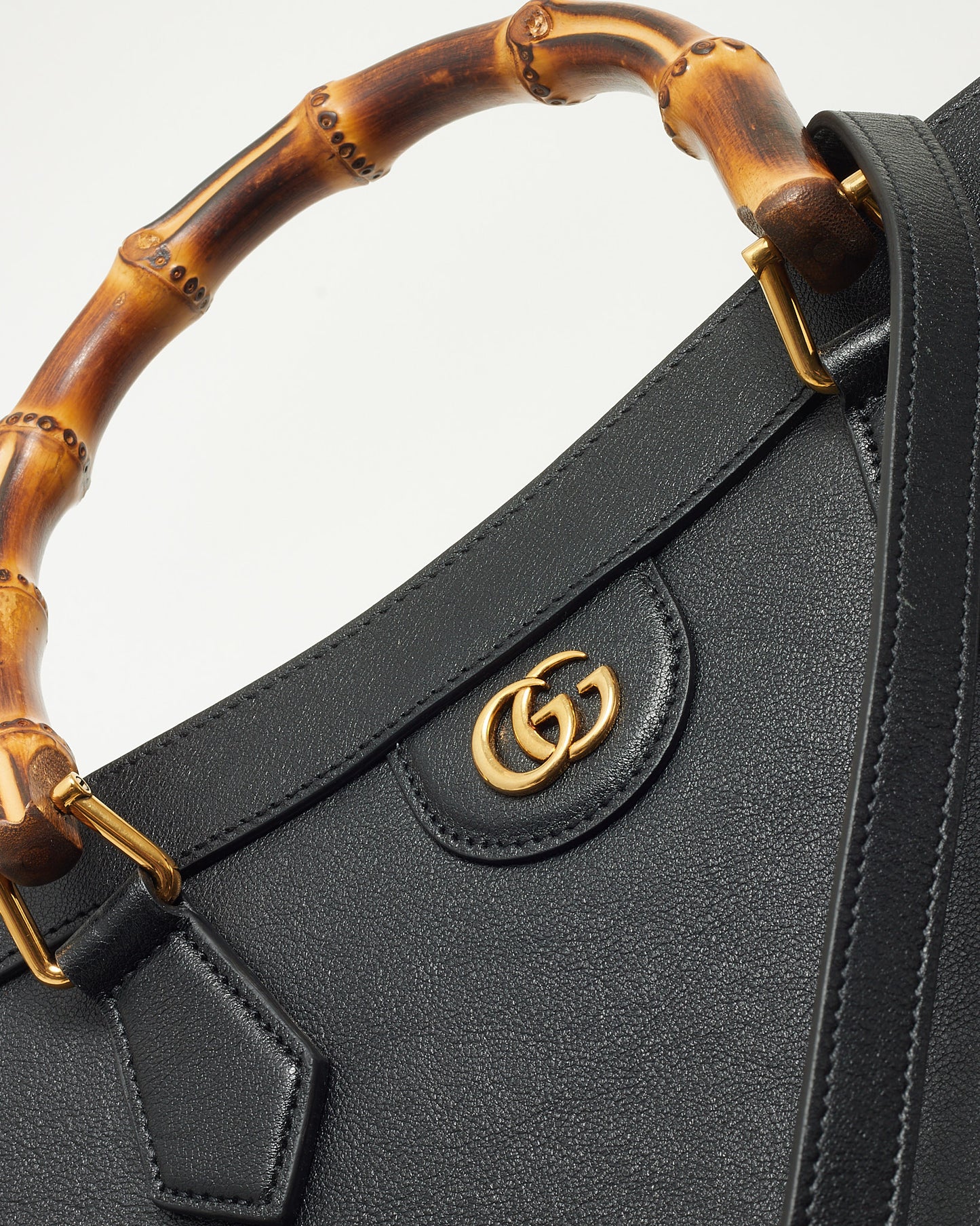 Gucci Black Leather Medium Diana Bamboo Handle Tote Bag with Strap