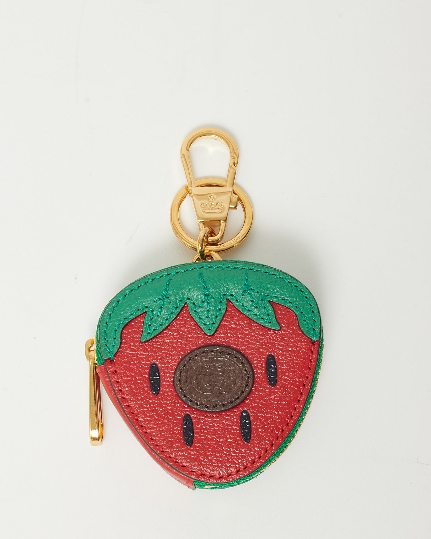 Gucci Red and Green Textured Dollar Calfskin Retro Interlocking G Fruttini Strawberry Coin Case Bag Charm Key Chain