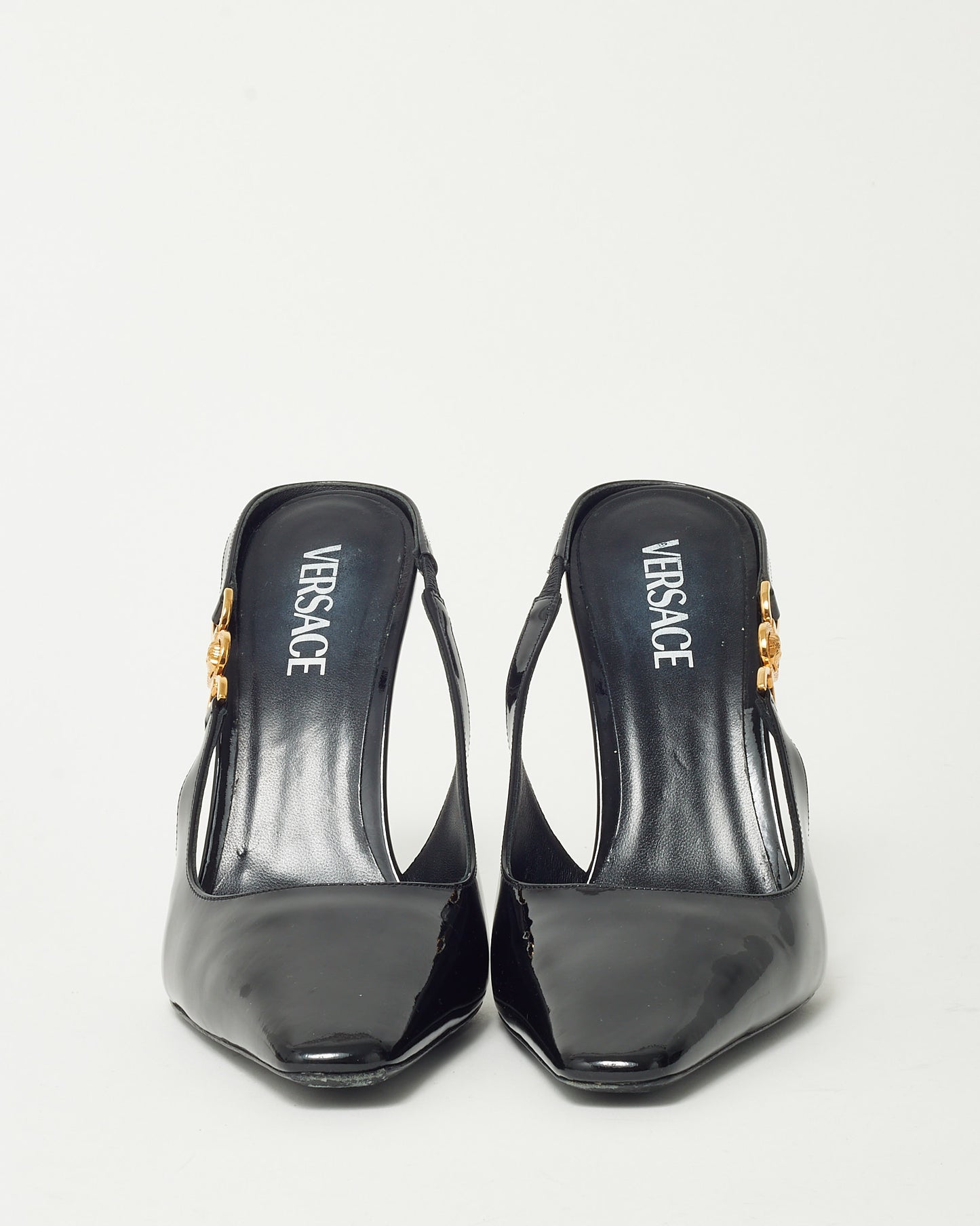 Versace Black Patent Leather Medusa Head Slingback Pumps - 41