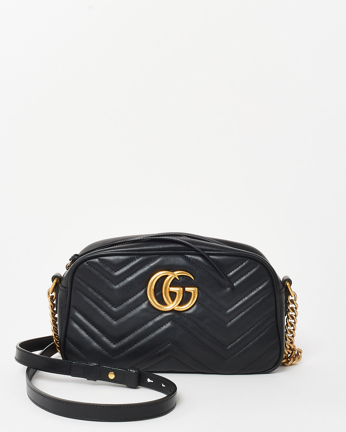 Gucci Black Matelassé Chevron Leather GG Marmont Small Camera Bag