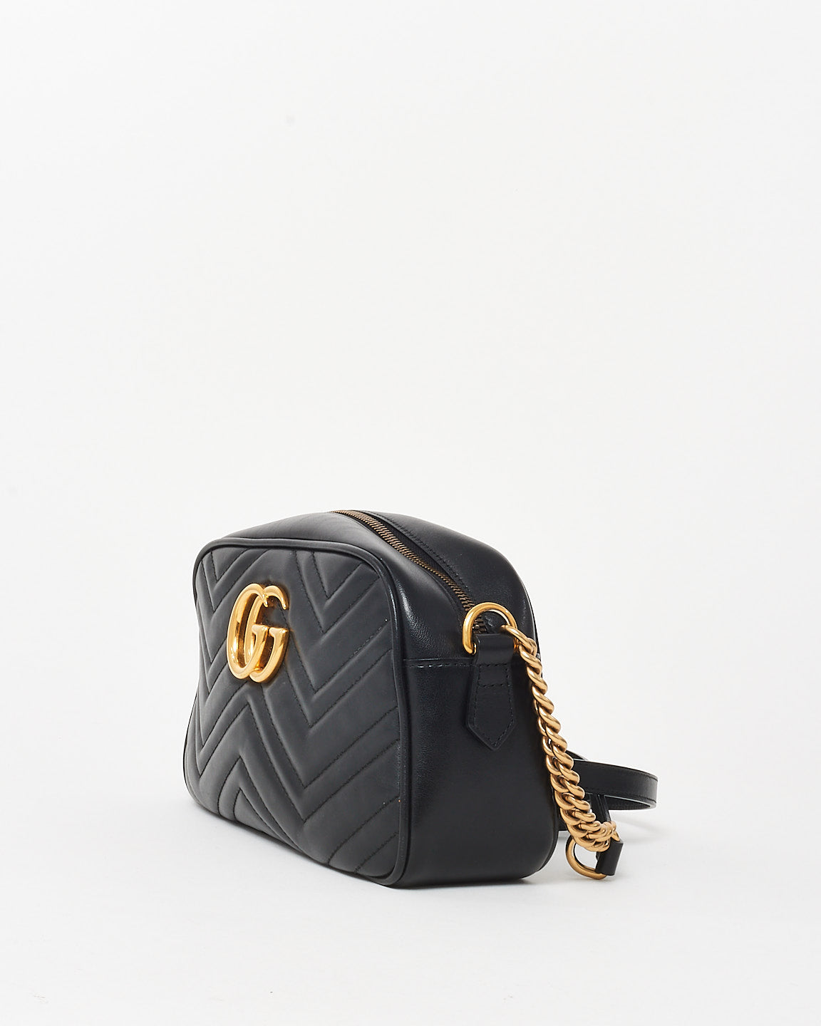 Gucci Black Matelassé Chevron Leather GG Marmont Small Camera Bag