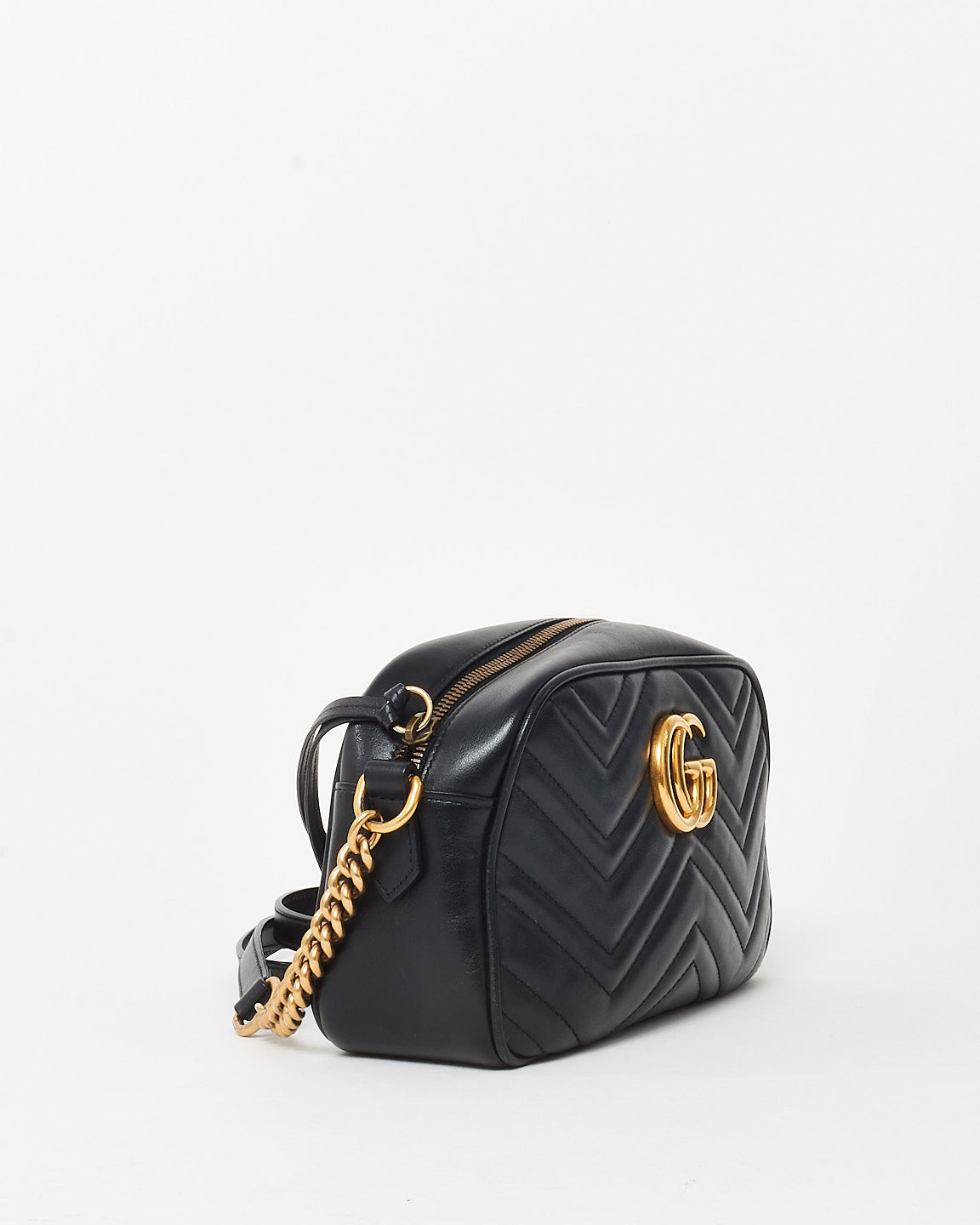 Gucci Black Matelassé Chevron Leather GG Marmont Small Camera Bag