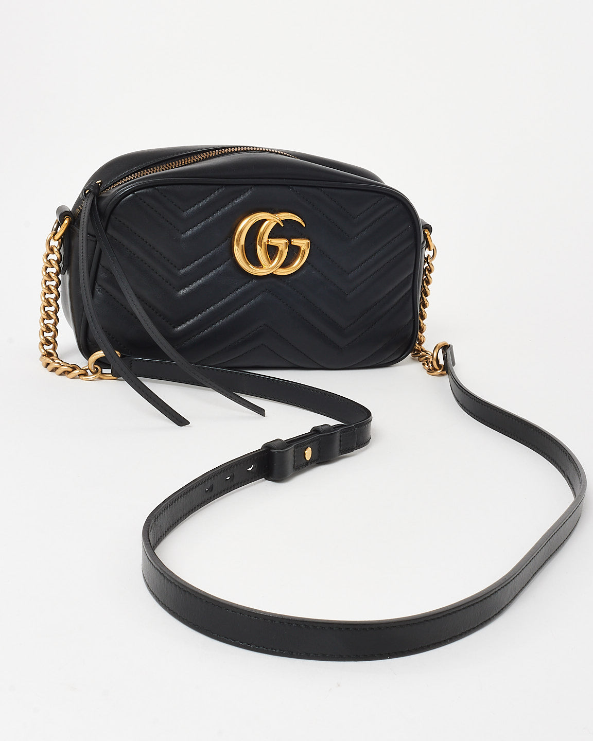 Gucci Black Matelassé Chevron Leather GG Marmont Small Camera Bag