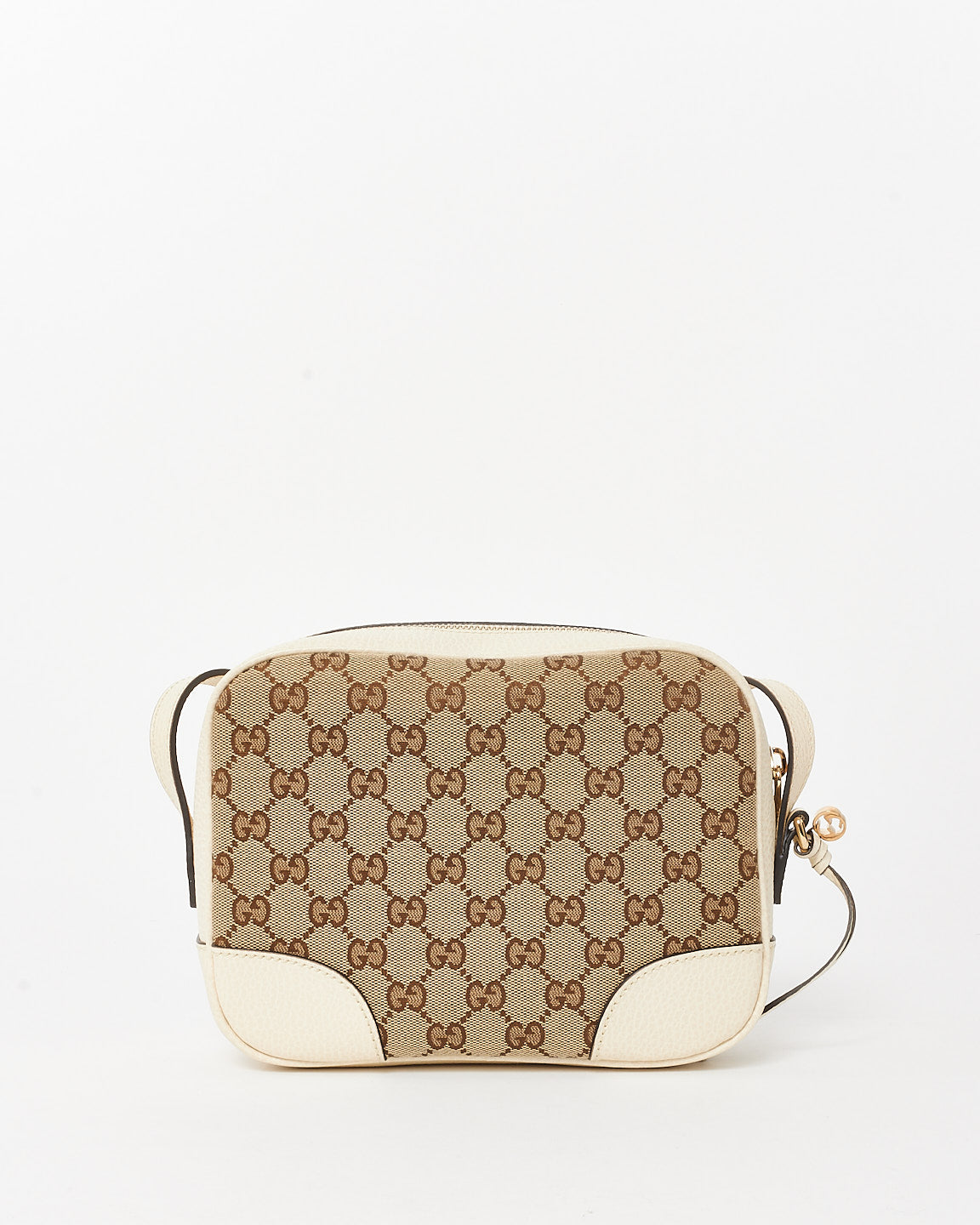 Gucci White Leather & Beige GG Monogram Canvas Bree Camera Bag