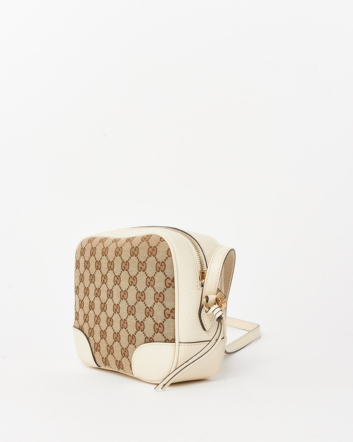 Gucci White Leather & Beige GG Monogram Canvas Bree Camera Bag