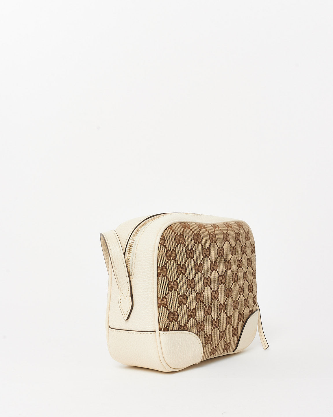 Gucci White Leather & Beige GG Monogram Canvas Bree Camera Bag