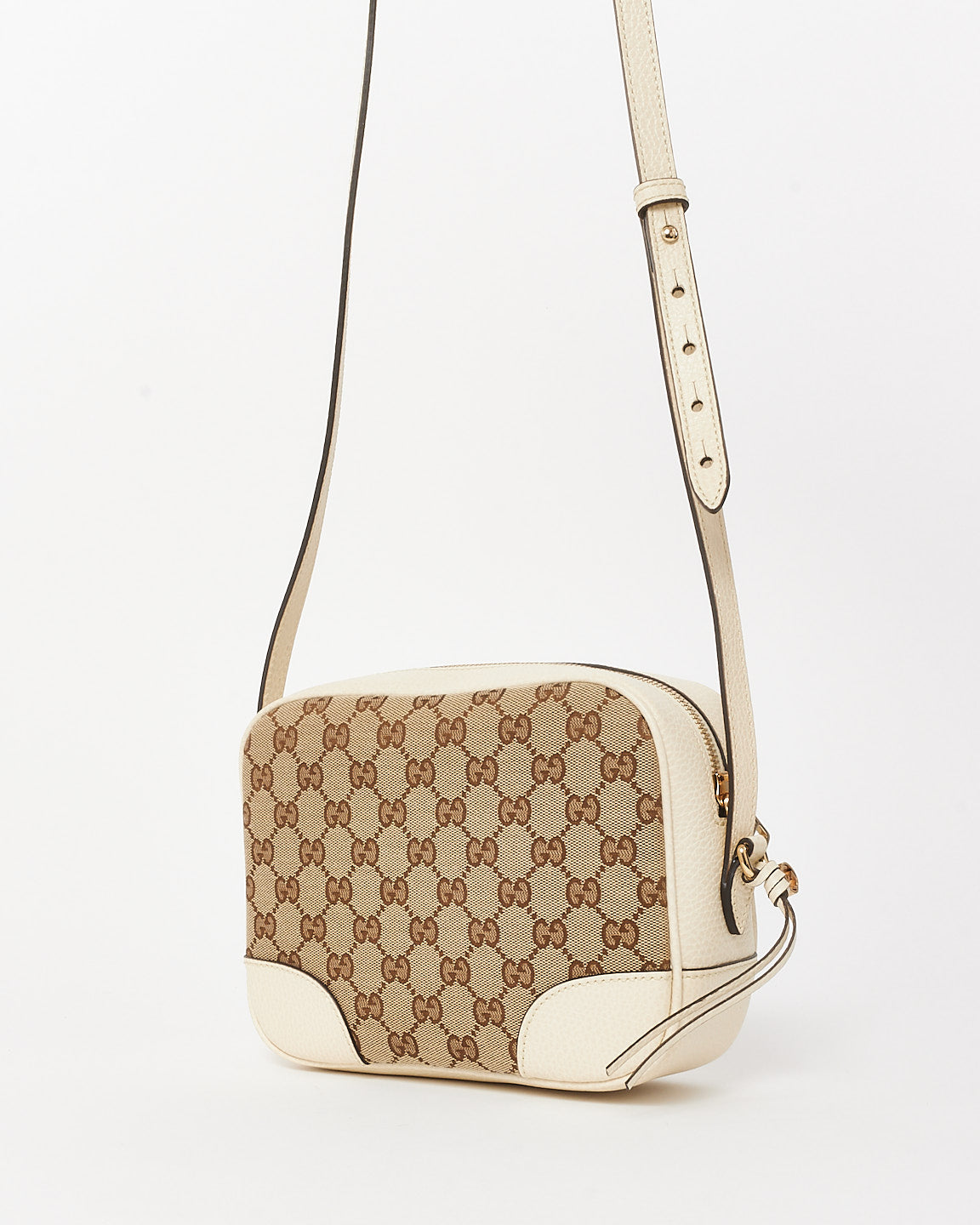 Gucci White Leather & Beige GG Monogram Canvas Bree Camera Bag