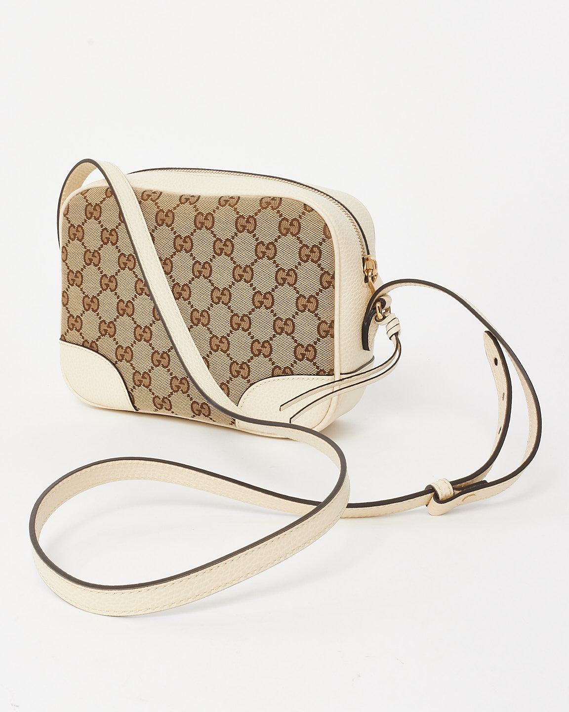 Gucci White Leather & Beige GG Monogram Canvas Bree Camera Bag