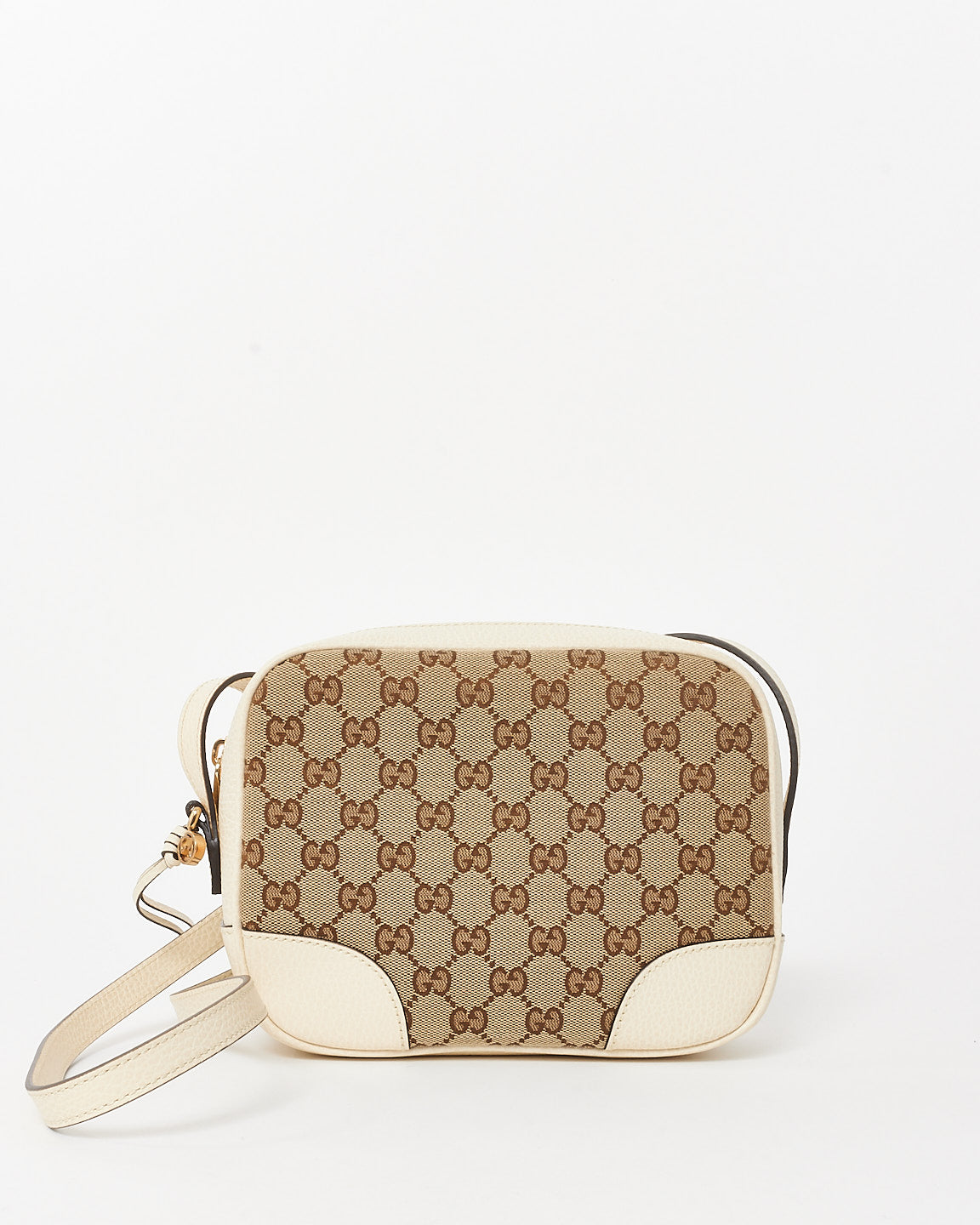 Gucci White Leather & Beige GG Monogram Canvas Bree Camera Bag