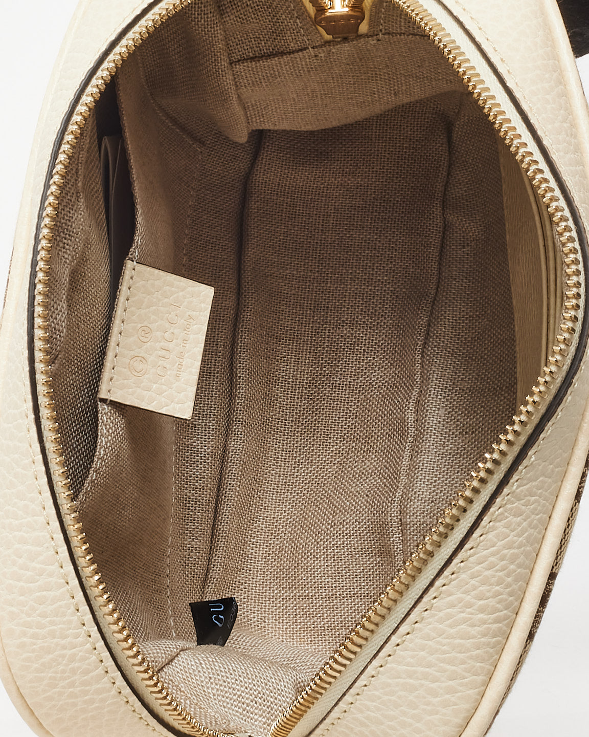 Gucci White Leather & Beige GG Monogram Canvas Bree Camera Bag