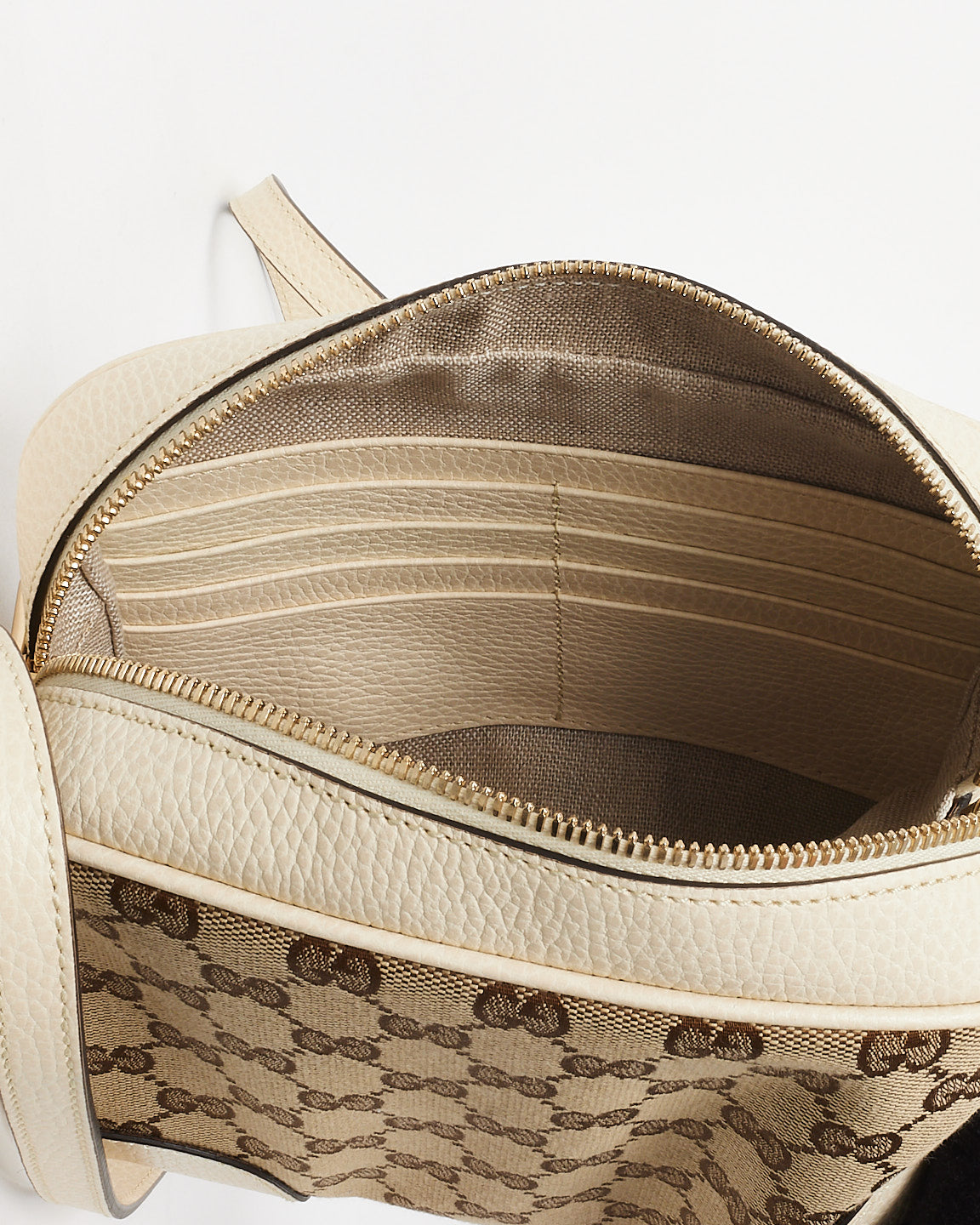 Gucci White Leather & Beige GG Monogram Canvas Bree Camera Bag