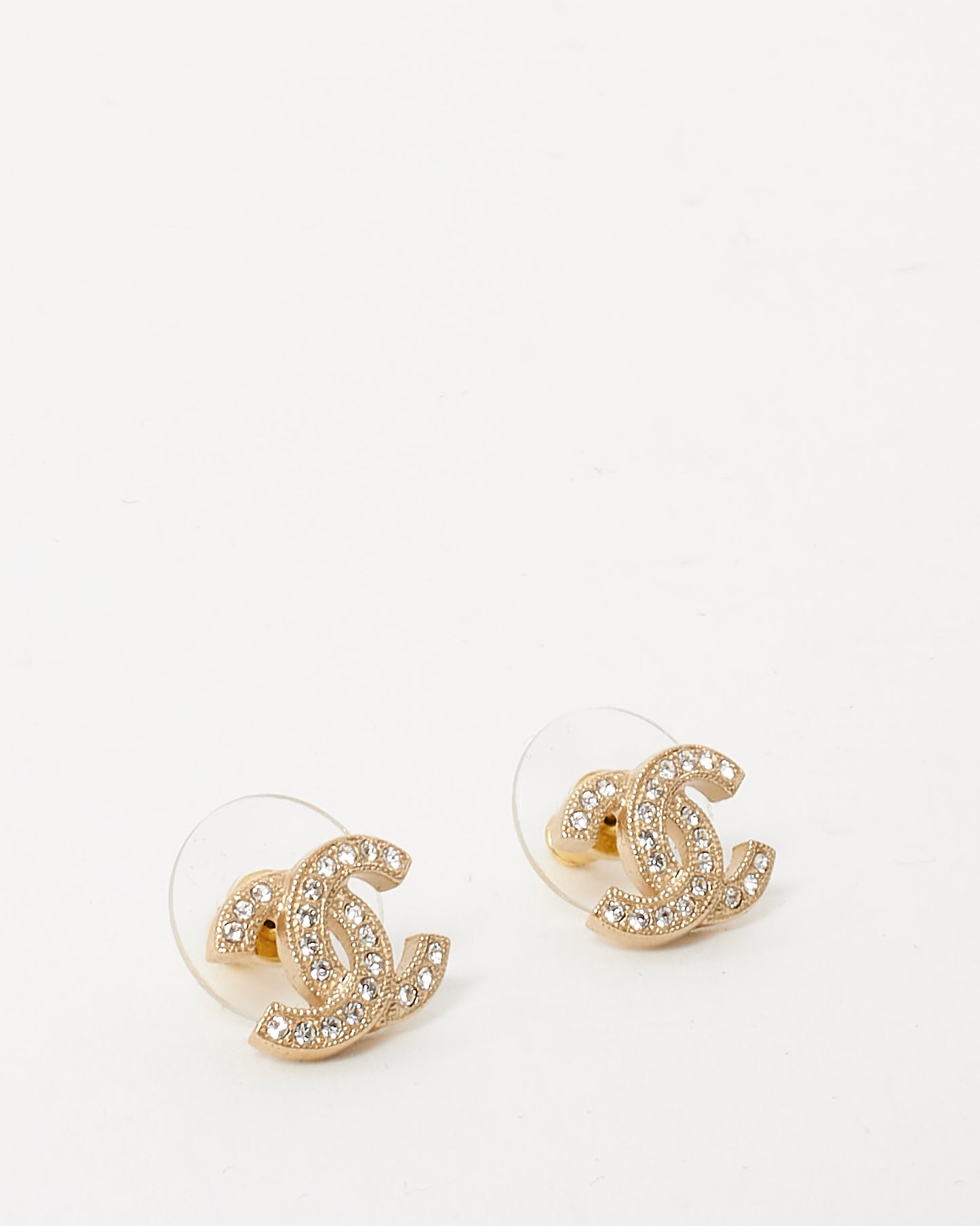 Chanel Gold Crystal Studded Strass CC Logo Earrings