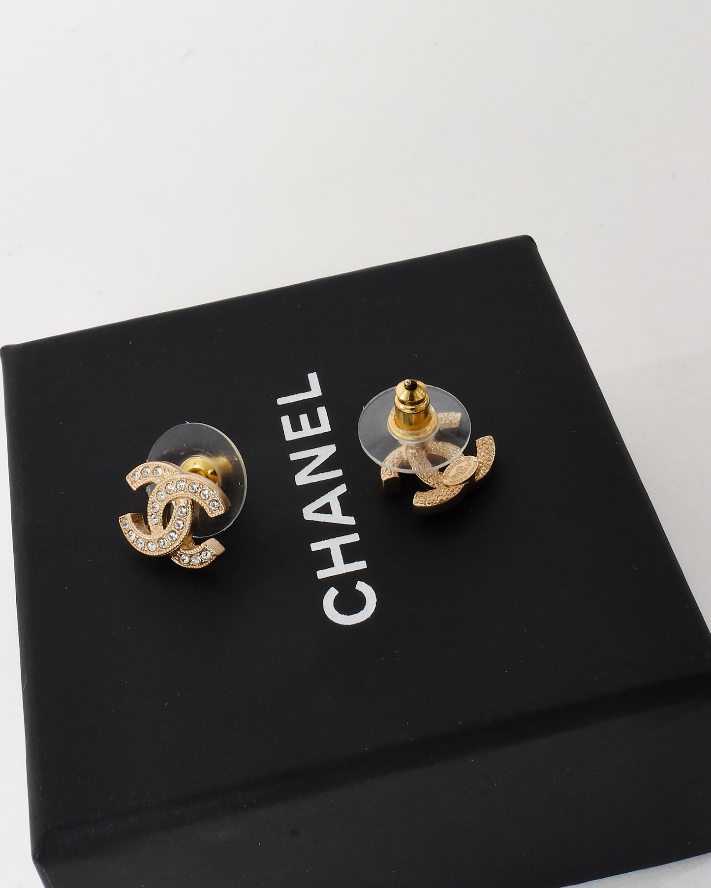 Chanel Gold Crystal Studded Strass CC Logo Earrings
