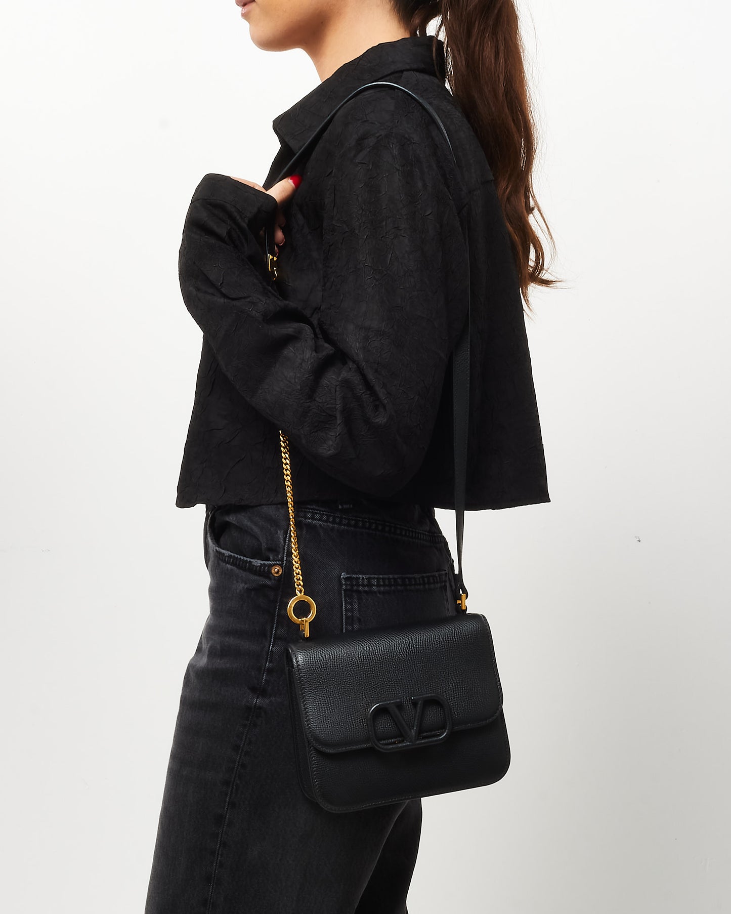 Valentino Black Grained Leather VSling Small Chain Shoulder Bag