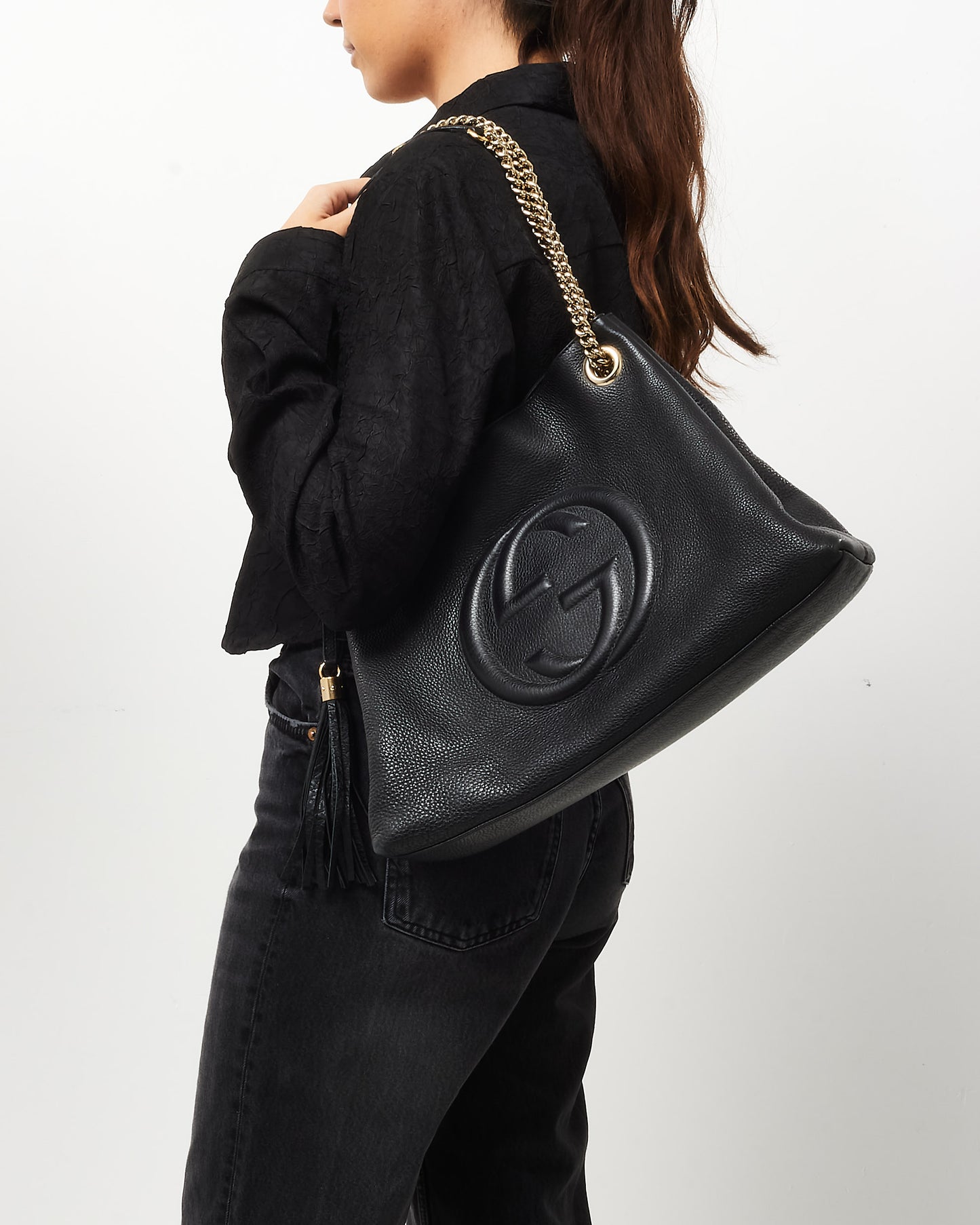 Gucci Black Pebbled Leather GG Soho Chain Shoulder Bag