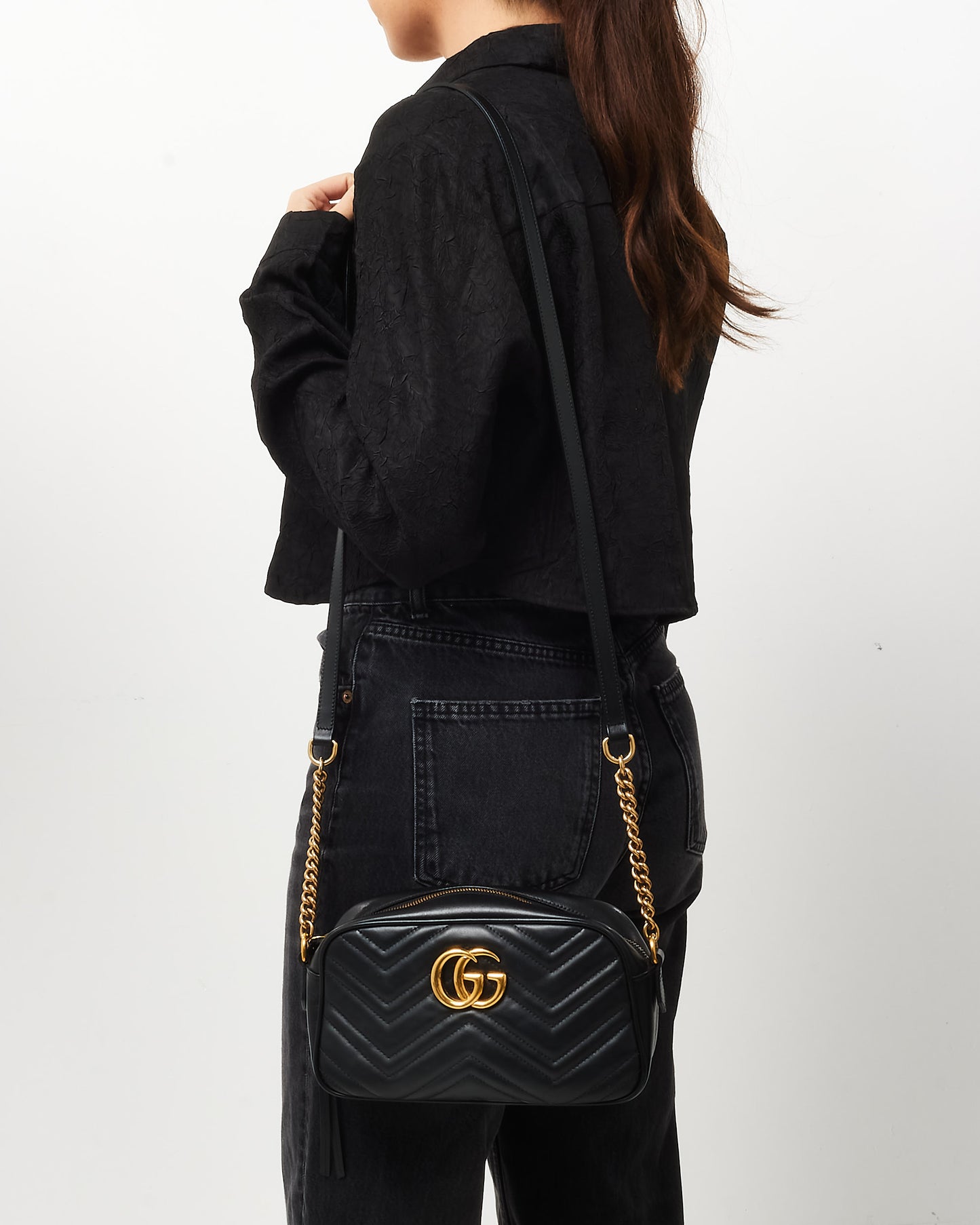 Gucci Black Matelassé Chevron Leather GG Marmont Small Camera Bag