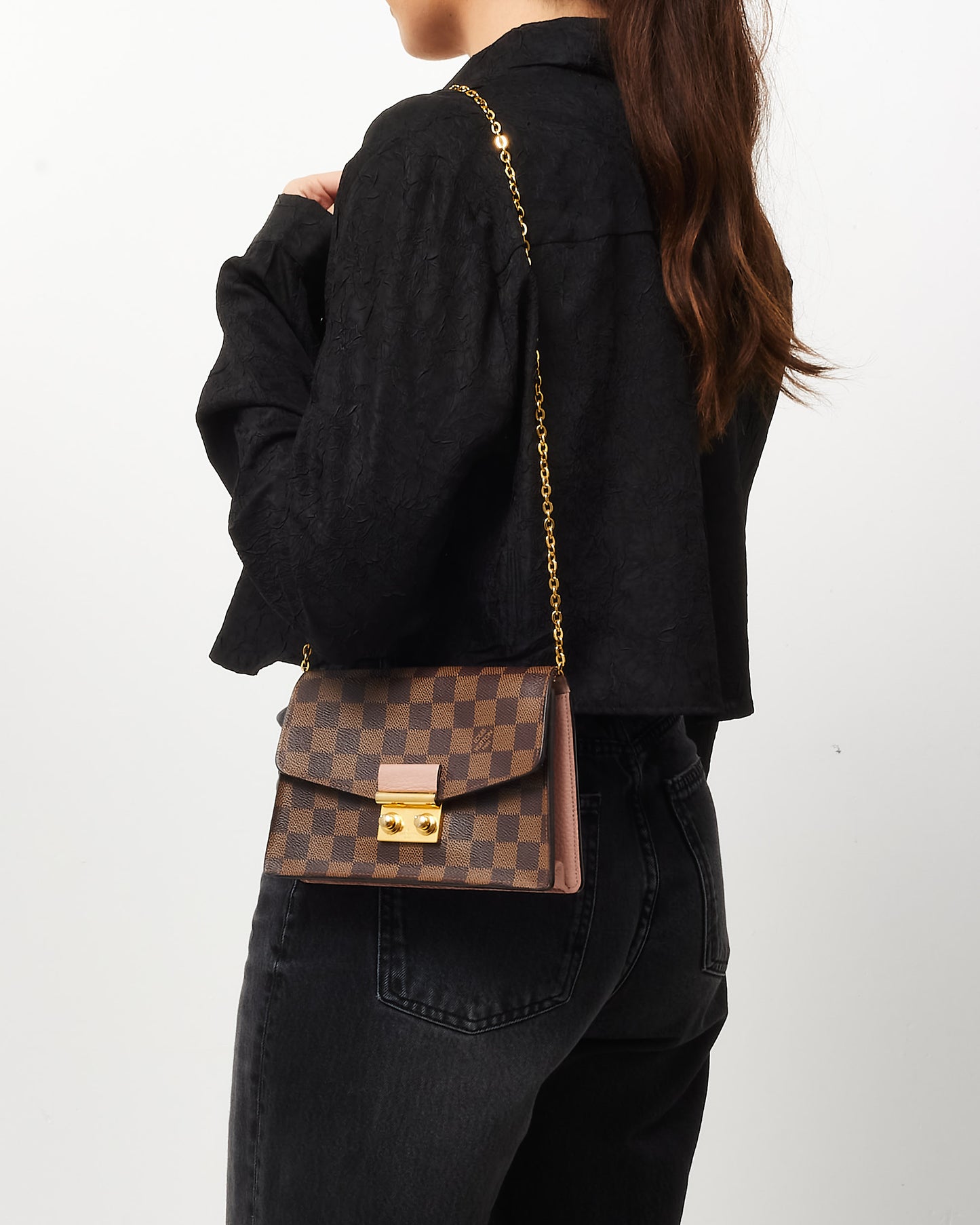 Louis Vuitton Rose Ballerine Pink & Damier Ebene Canvas Croisette Chain Wallet Crossbody