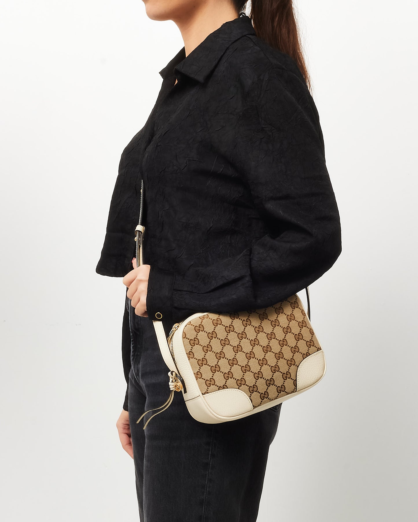 Gucci White Leather & Beige GG Monogram Canvas Bree Camera Bag