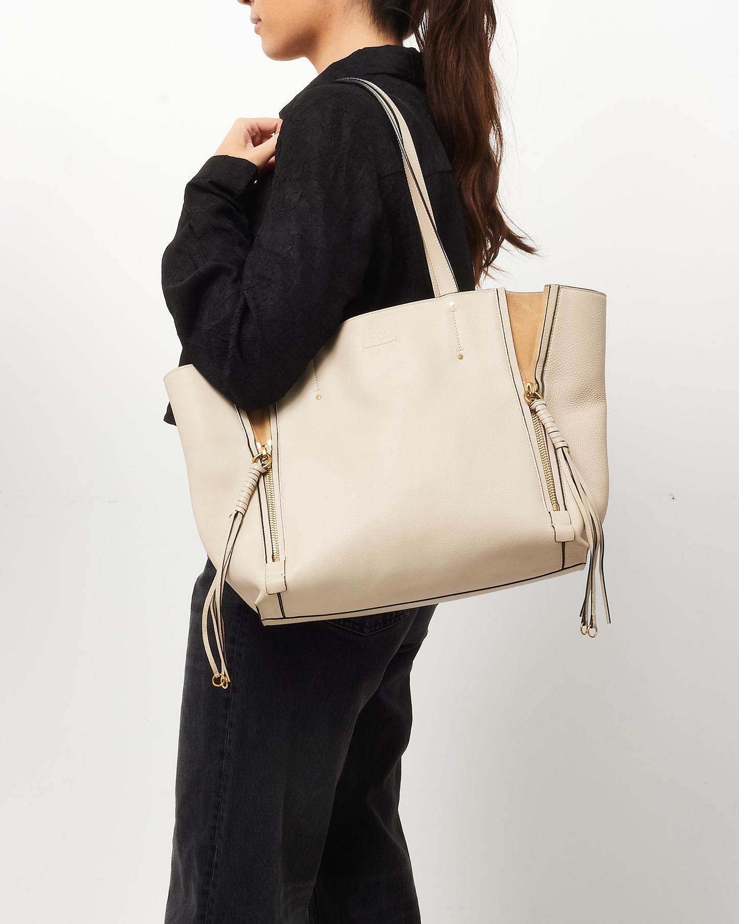 Chloé White Leather Milo Zip Shopping Tote Bag
