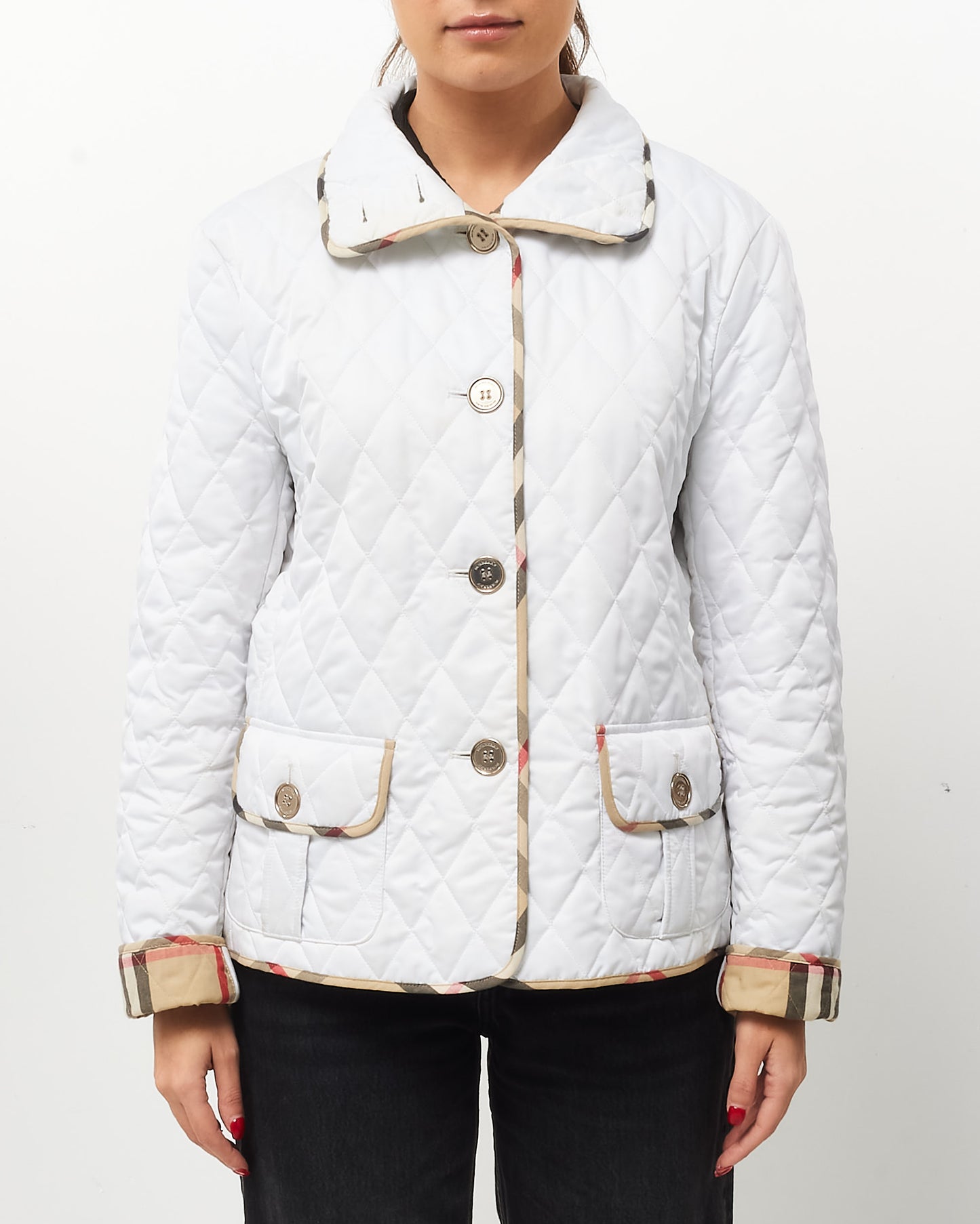 Burberry White Padded Nylon Check Trim Jacket - M/L