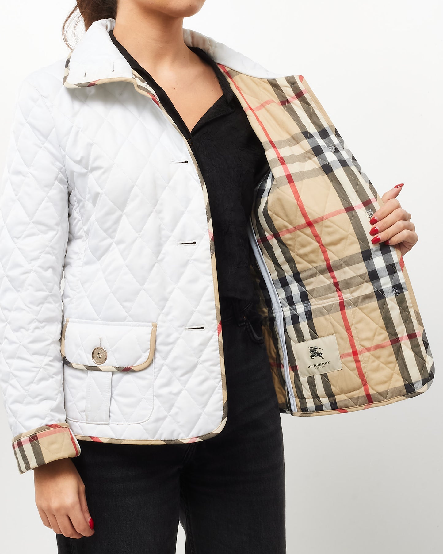 Burberry White Padded Nylon Check Trim Jacket - M/L