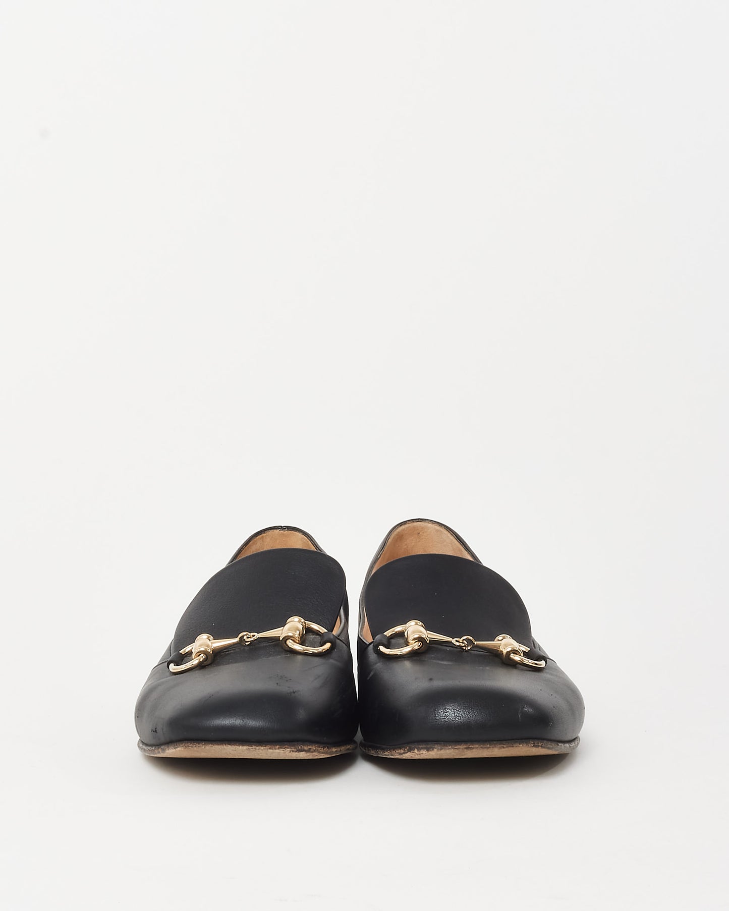 Gucci Black Leather Gold Horsebit Square Toe Loafers - 37.5
