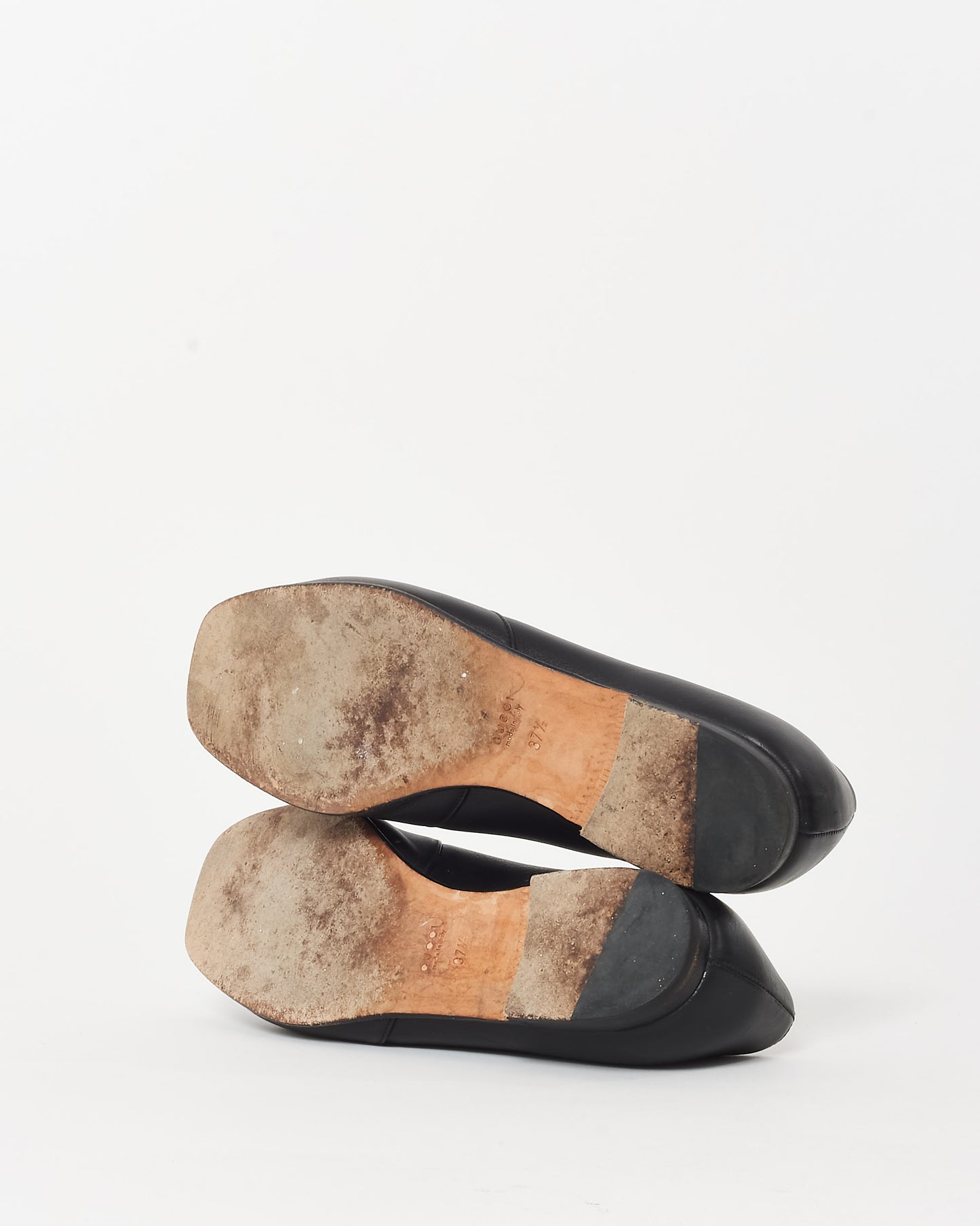 Gucci Black Leather Gold Horsebit Square Toe Loafers - 37.5