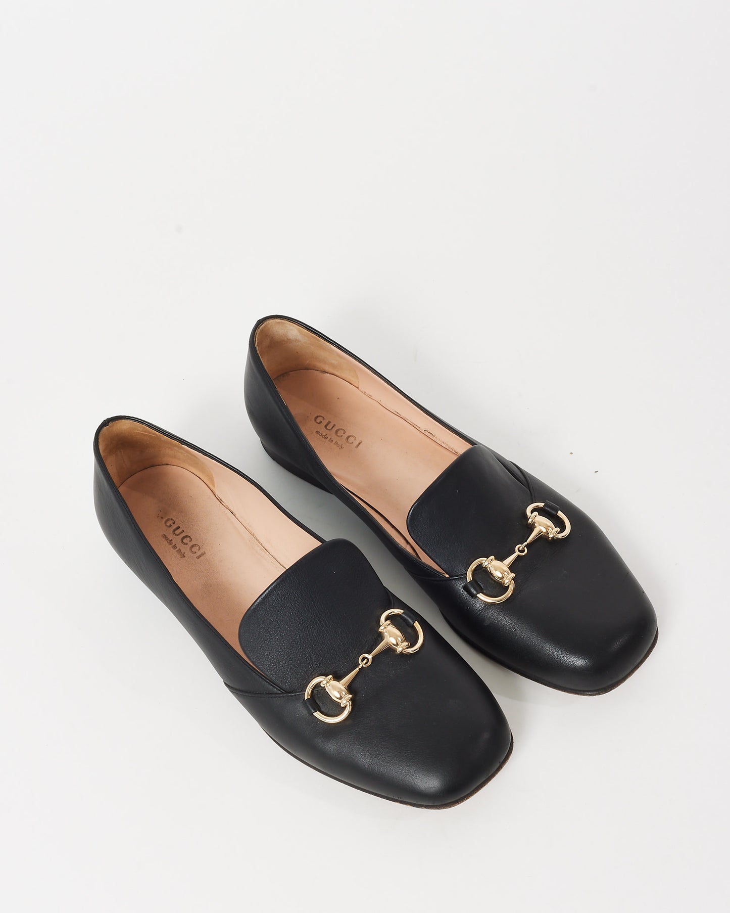 Gucci Black Leather Gold Horsebit Square Toe Loafers - 37.5