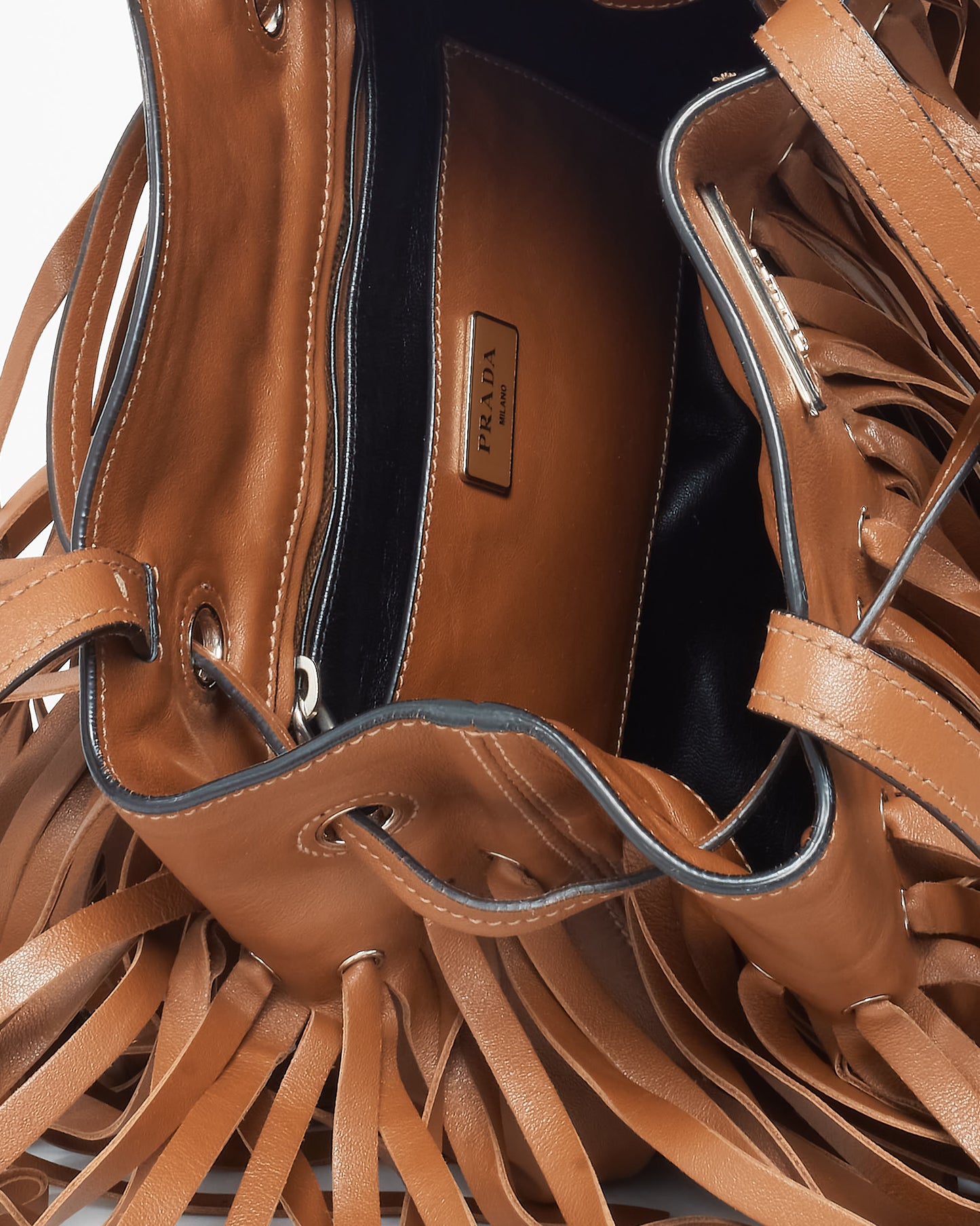 Prada Tan Soft Calf Leather Fringe Bucket Bag