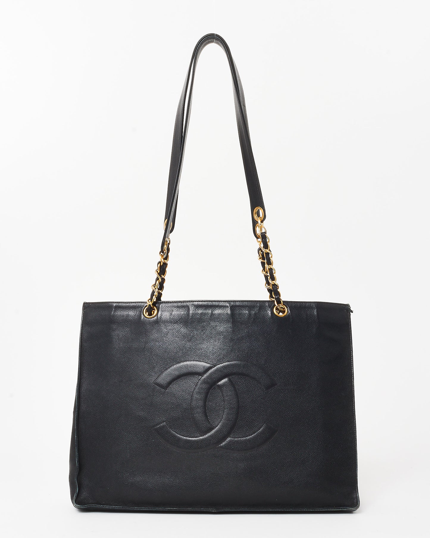 Chanel Vintage Black Calfskin CC Logo Large Chain Shopping Tote GHW