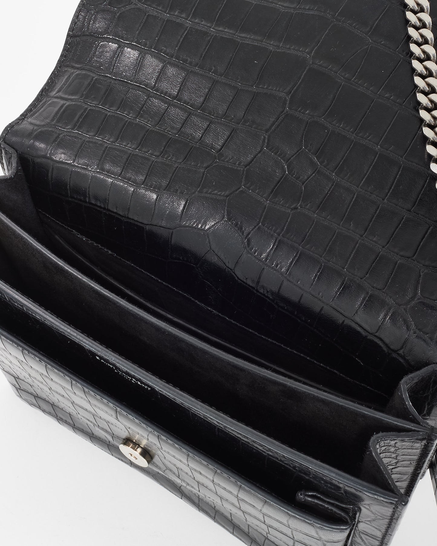 Saint Laurent Black Patent Croc Embossed Leather Medium Sunset Bag