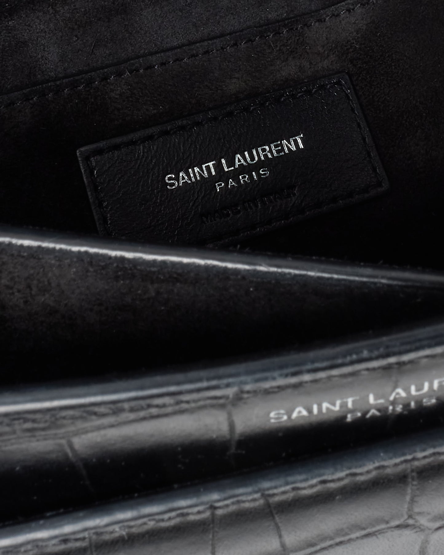 Saint Laurent Black Patent Croc Embossed Leather Medium Sunset Bag