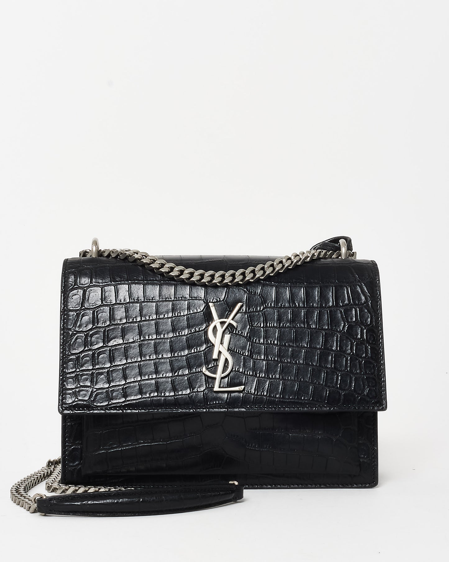 Saint Laurent Black Patent Croc Embossed Leather Medium Sunset Bag