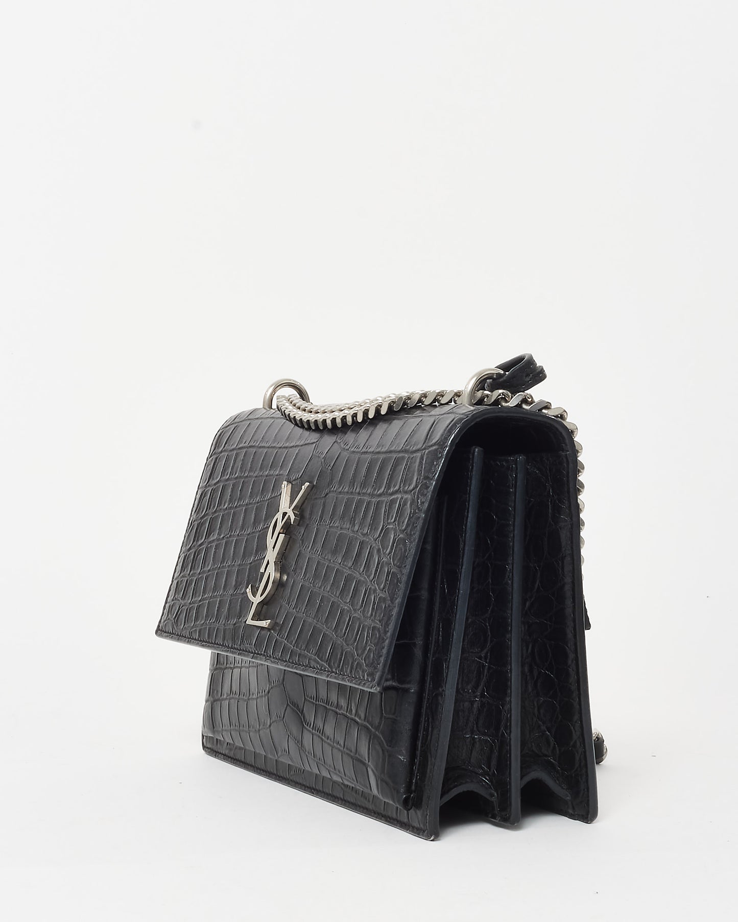 Saint Laurent Black Patent Croc Embossed Leather Medium Sunset Bag