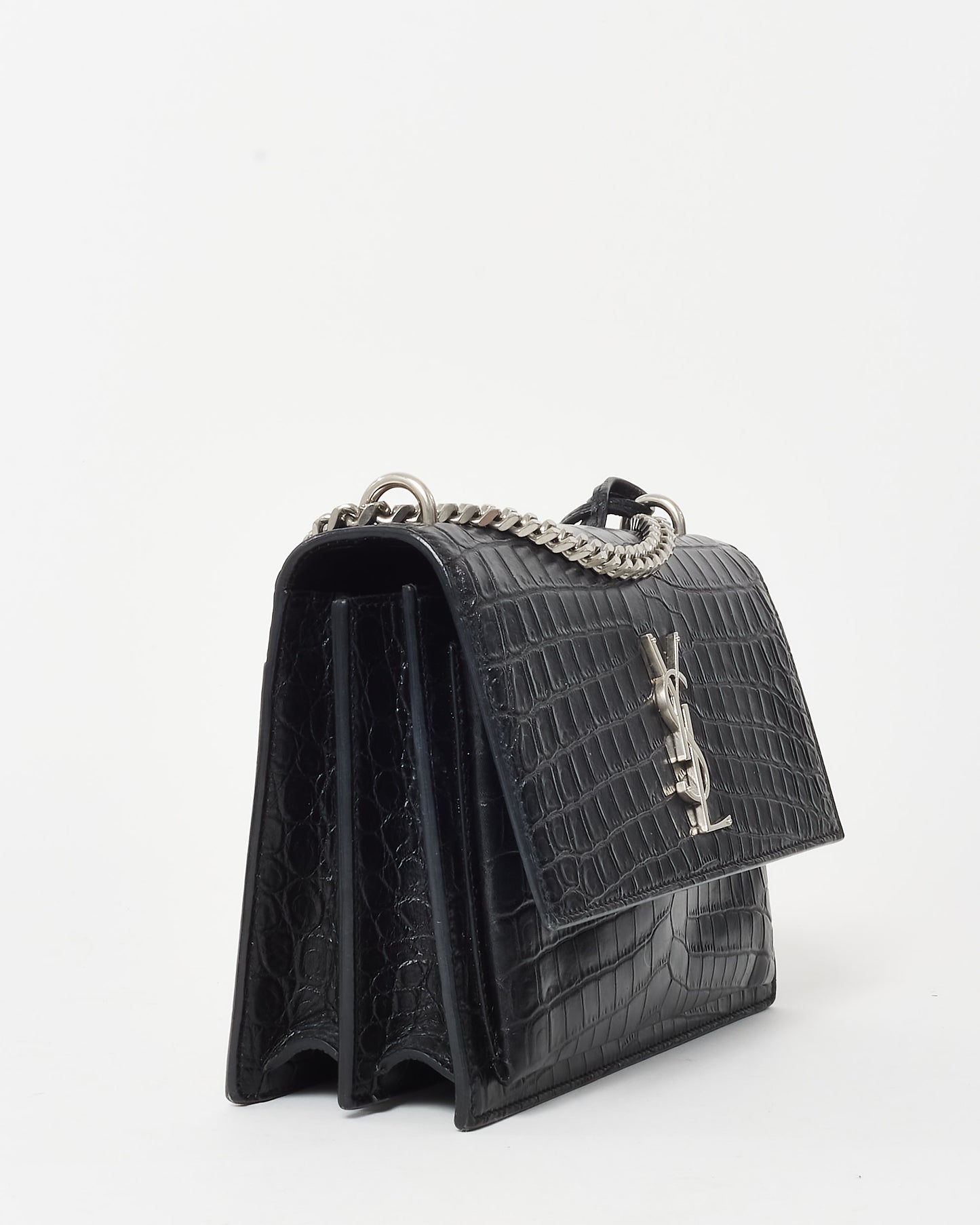 Saint Laurent Black Patent Croc Embossed Leather Medium Sunset Bag