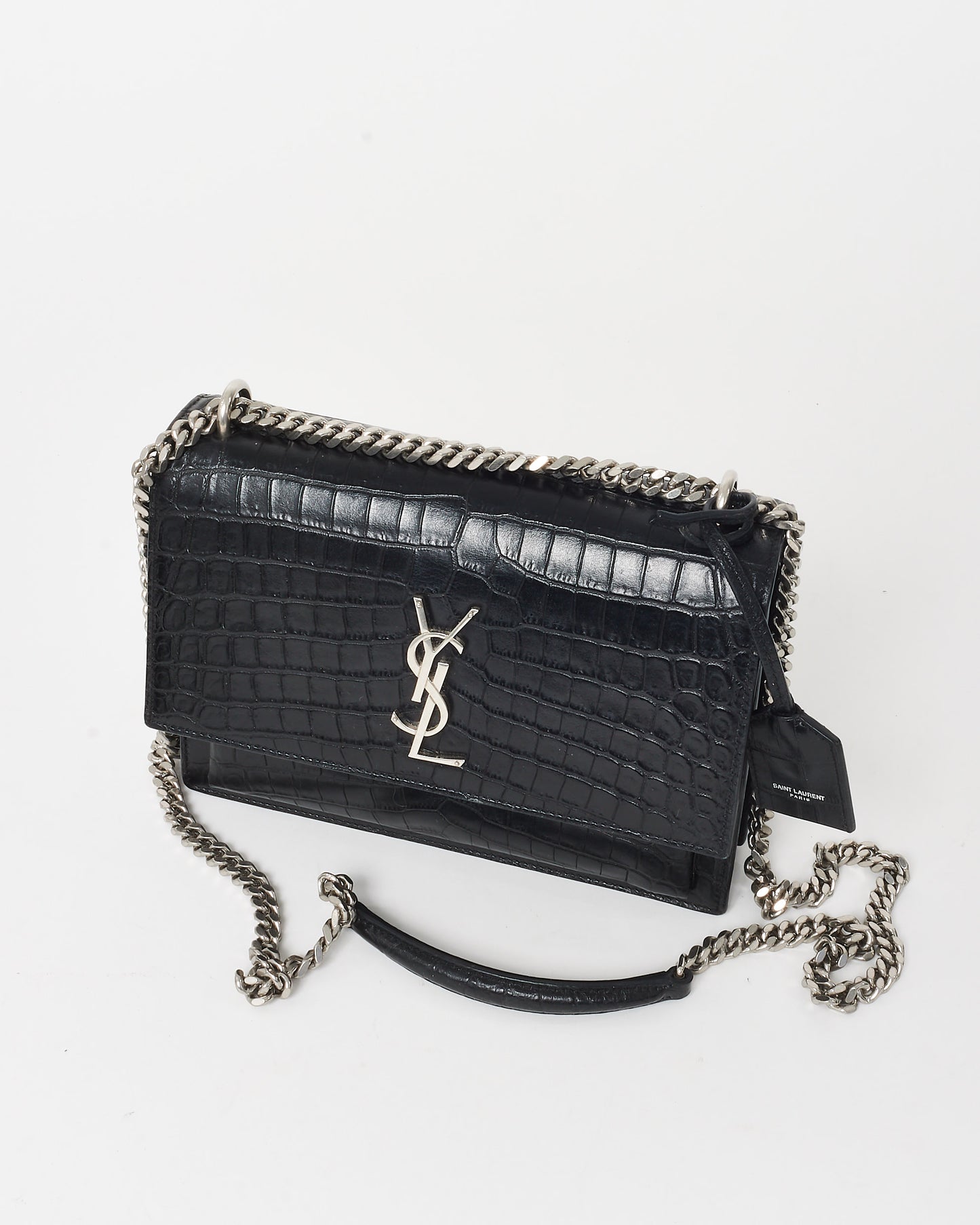 Saint Laurent Black Patent Croc Embossed Leather Medium Sunset Bag