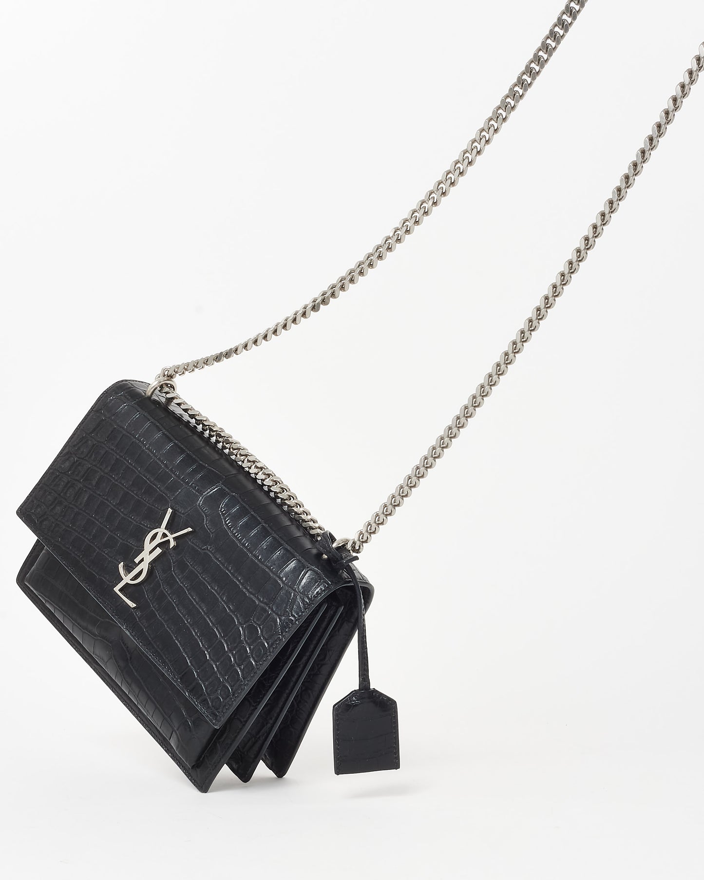 Saint Laurent Black Patent Croc Embossed Leather Medium Sunset Bag