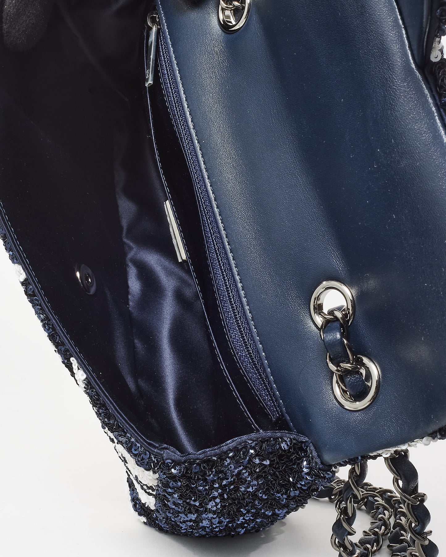 Chanel Navy and White Sequin Graffiti Logo Medium Classic Single Flap w/ Ruthenium Hardware