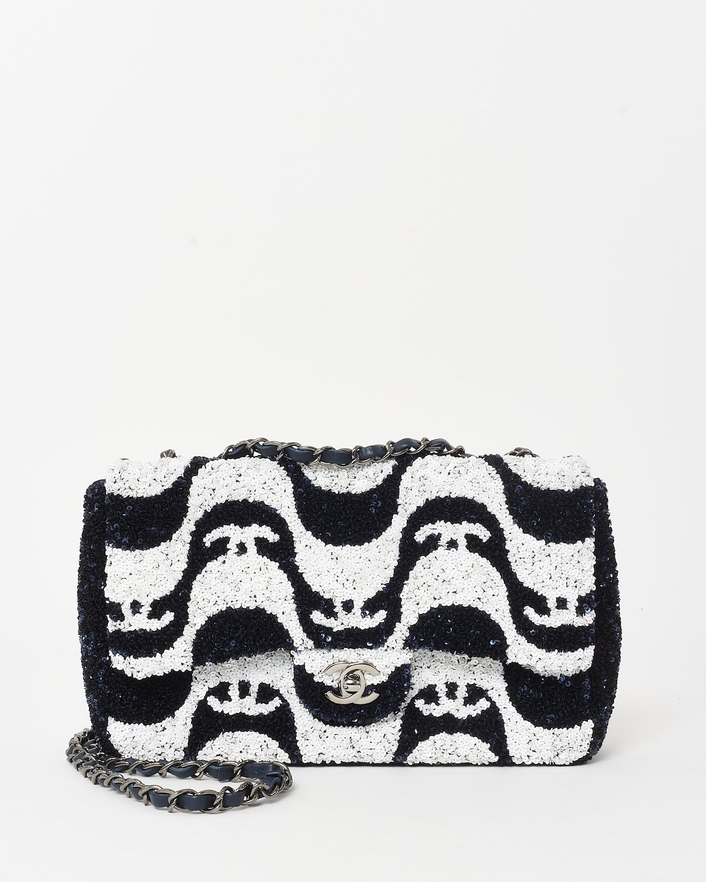 Chanel Navy and White Sequin Graffiti Logo Medium Classic Single Flap w/ Ruthenium Hardware