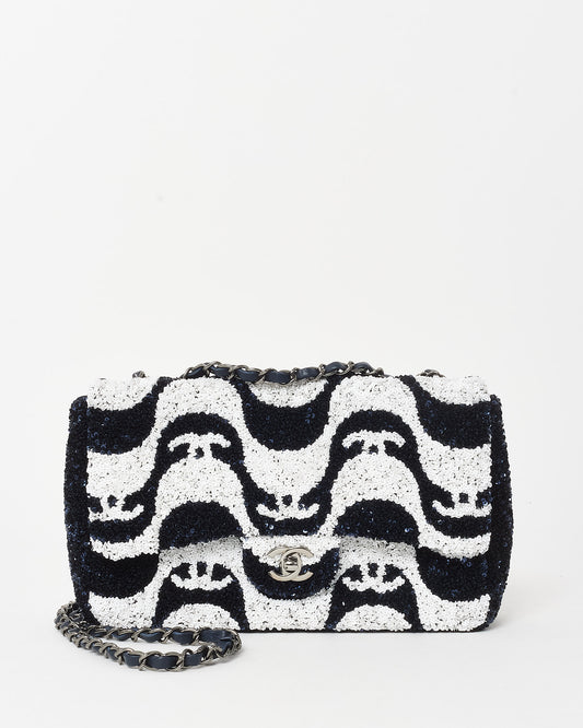 Chanel Navy and White Sequin Graffiti Logo Medium Classic Single Flap w/ Ruthenium Hardware