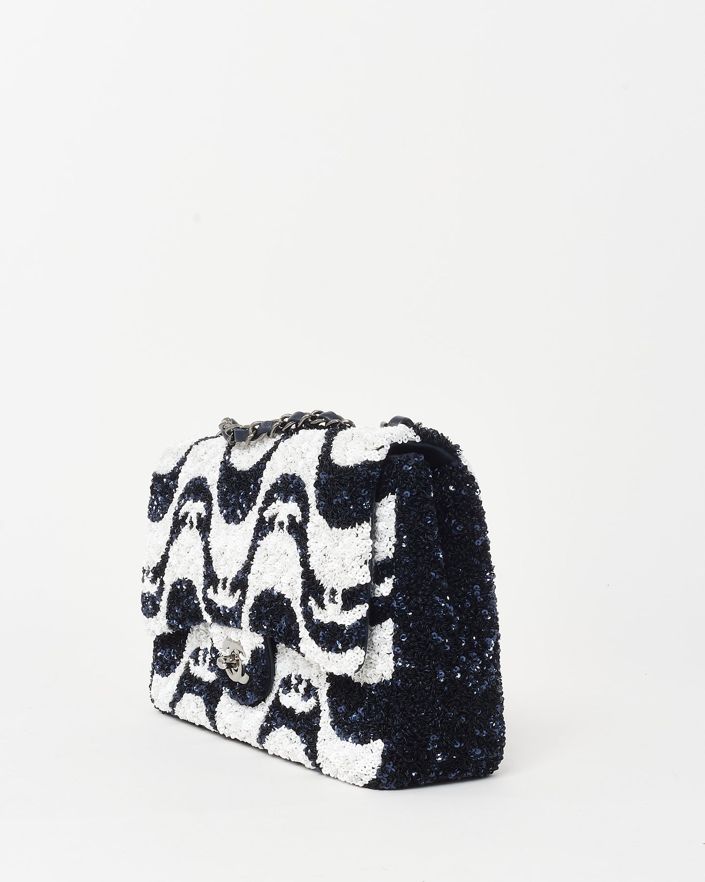 Chanel Navy and White Sequin Graffiti Logo Medium Classic Single Flap w/ Ruthenium Hardware