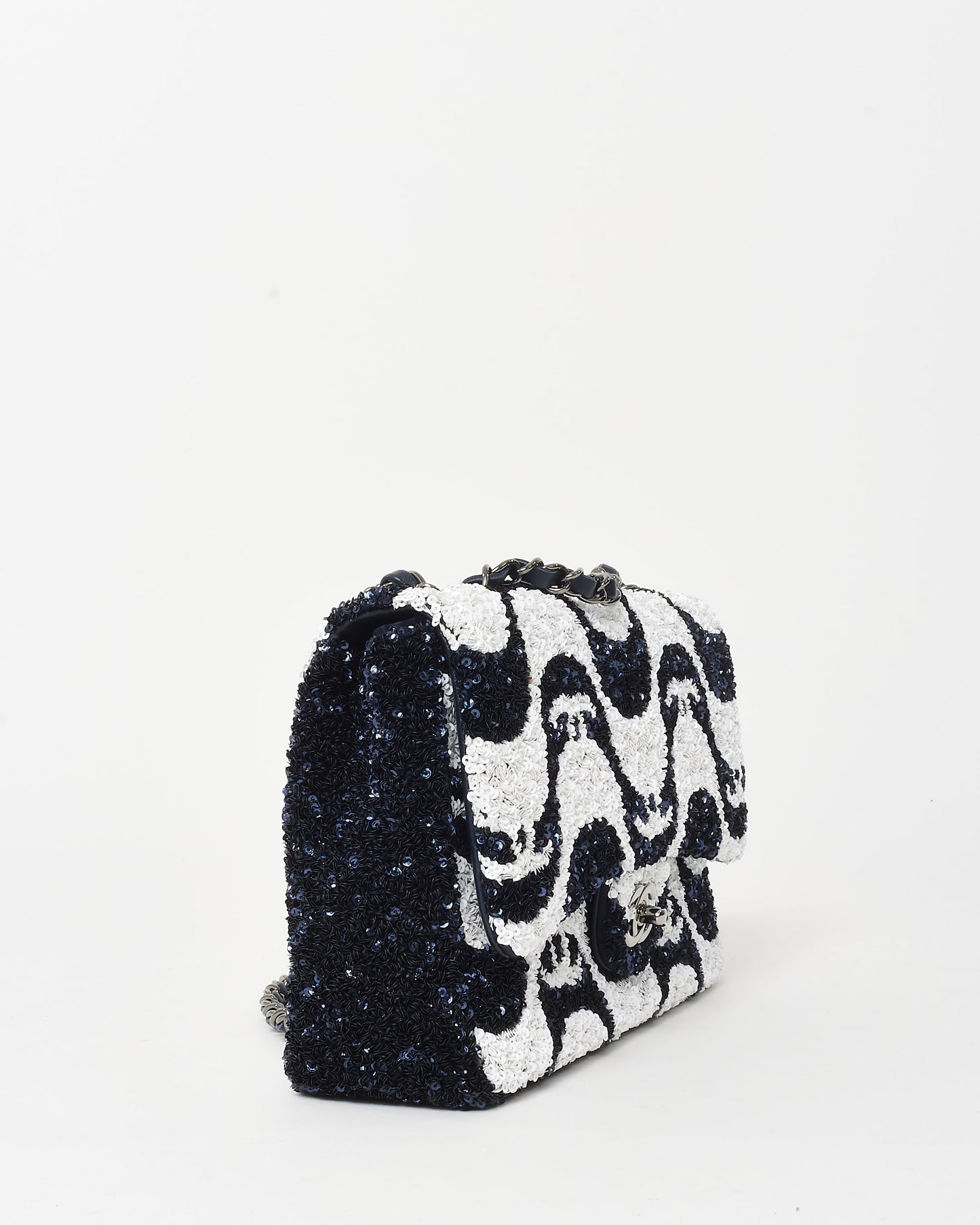 Chanel Navy and White Sequin Graffiti Logo Medium Classic Single Flap w/ Ruthenium Hardware