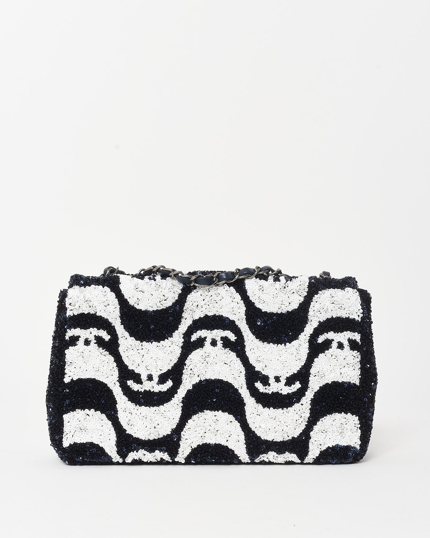 Chanel Navy and White Sequin Graffiti Logo Medium Classic Single Flap w/ Ruthenium Hardware