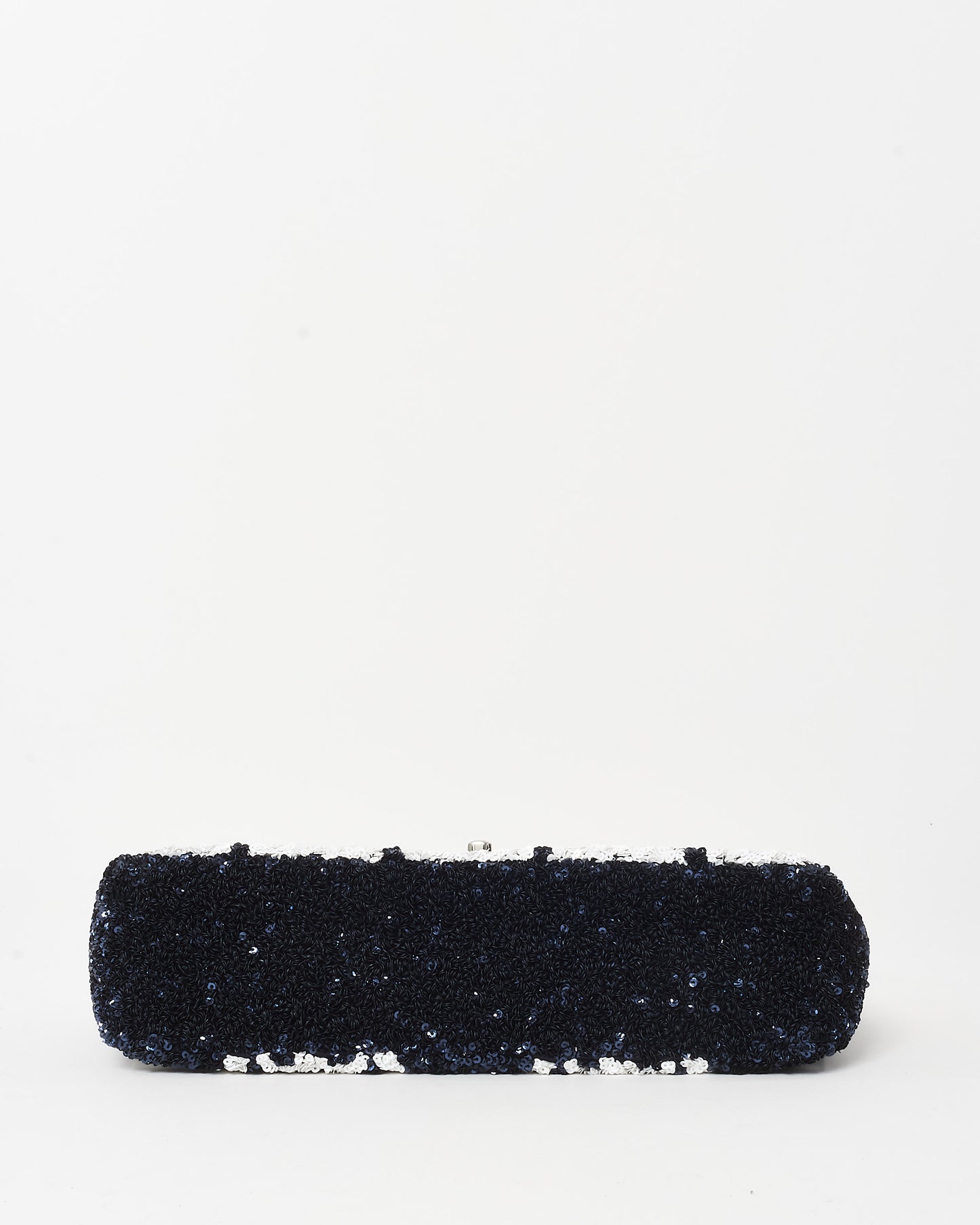 Chanel Navy and White Sequin Graffiti Logo Medium Classic Single Flap w/ Ruthenium Hardware