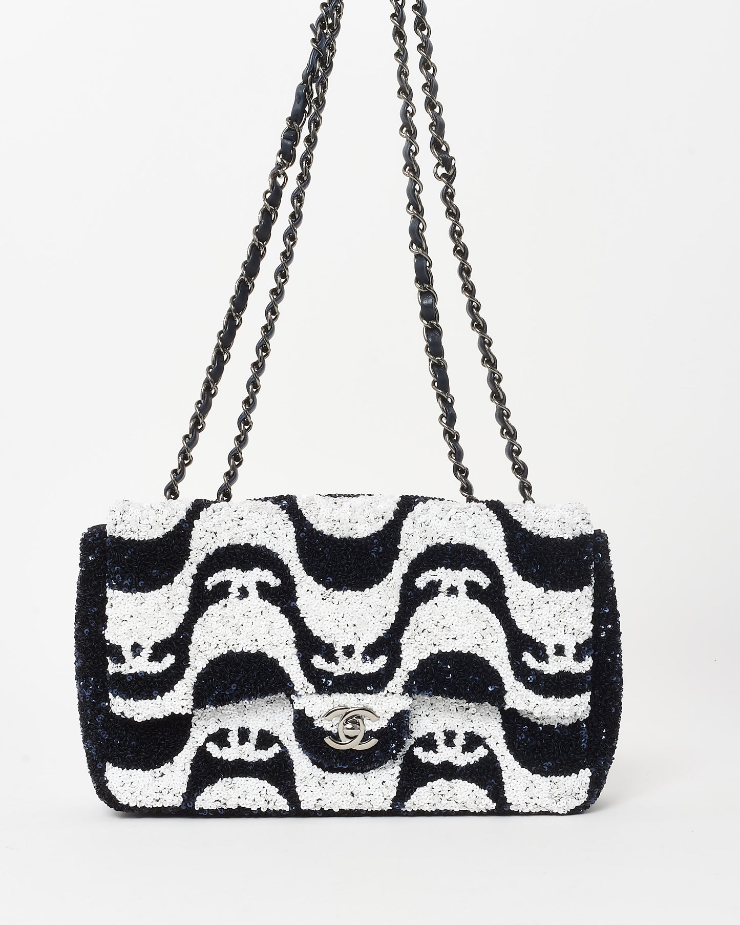 Chanel Navy and White Sequin Graffiti Logo Medium Classic Single Flap w/ Ruthenium Hardware