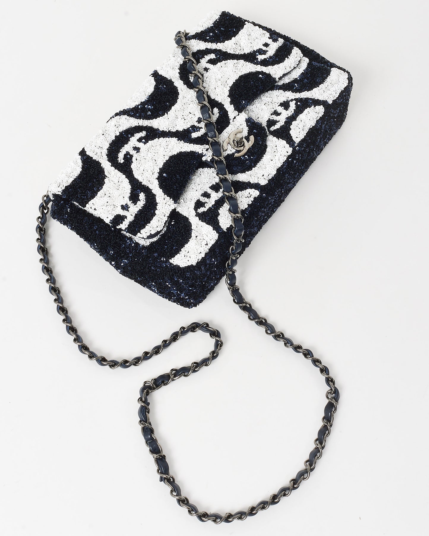 Chanel Navy and White Sequin Graffiti Logo Medium Classic Single Flap w/ Ruthenium Hardware