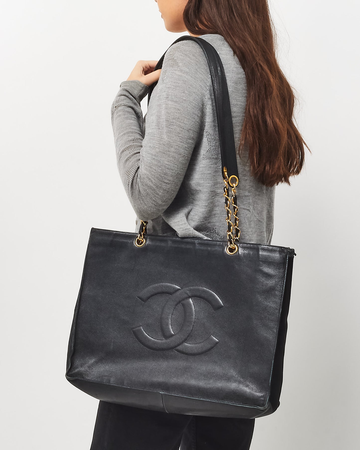 Chanel Vintage Black Calfskin CC Logo Large Chain Shopping Tote GHW