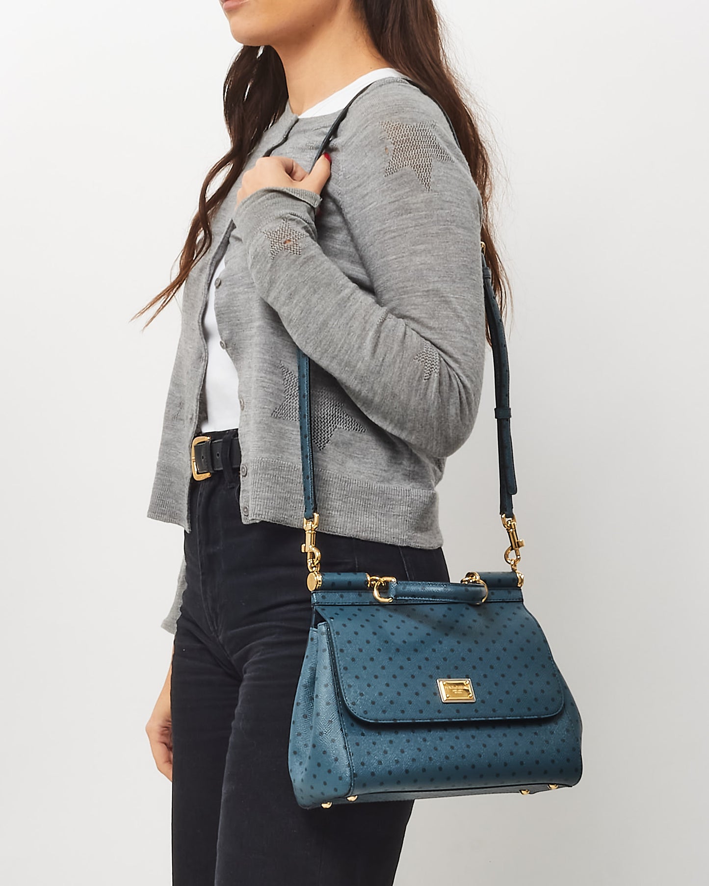 Dolce & Gabbana Navy Polka Dot Embossed Leather Medium Miss Sicily Bag